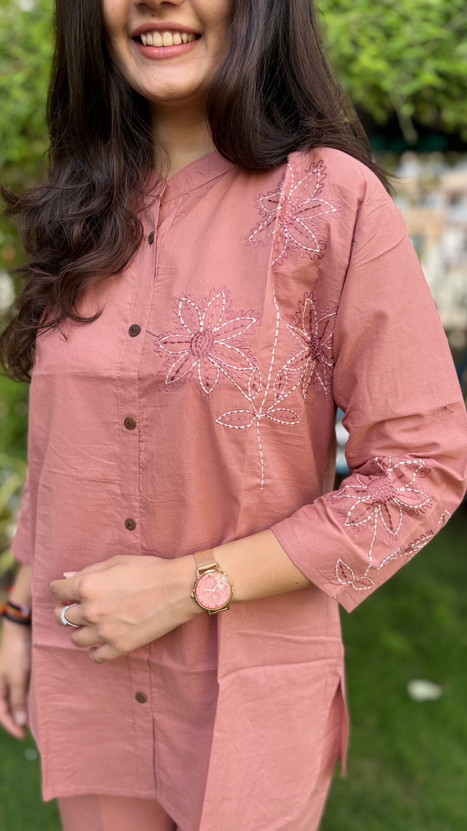 PEACH FLOWER EMBRODERIED PURE COTTON COORD SETS