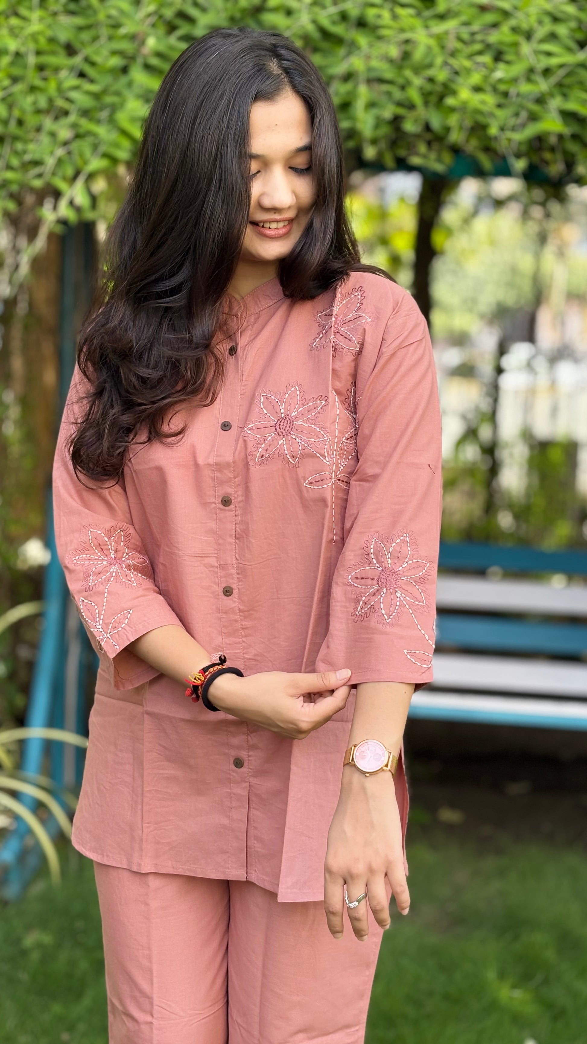 PEACH FLOWER EMBRODERIED PURE COTTON COORD SETS
