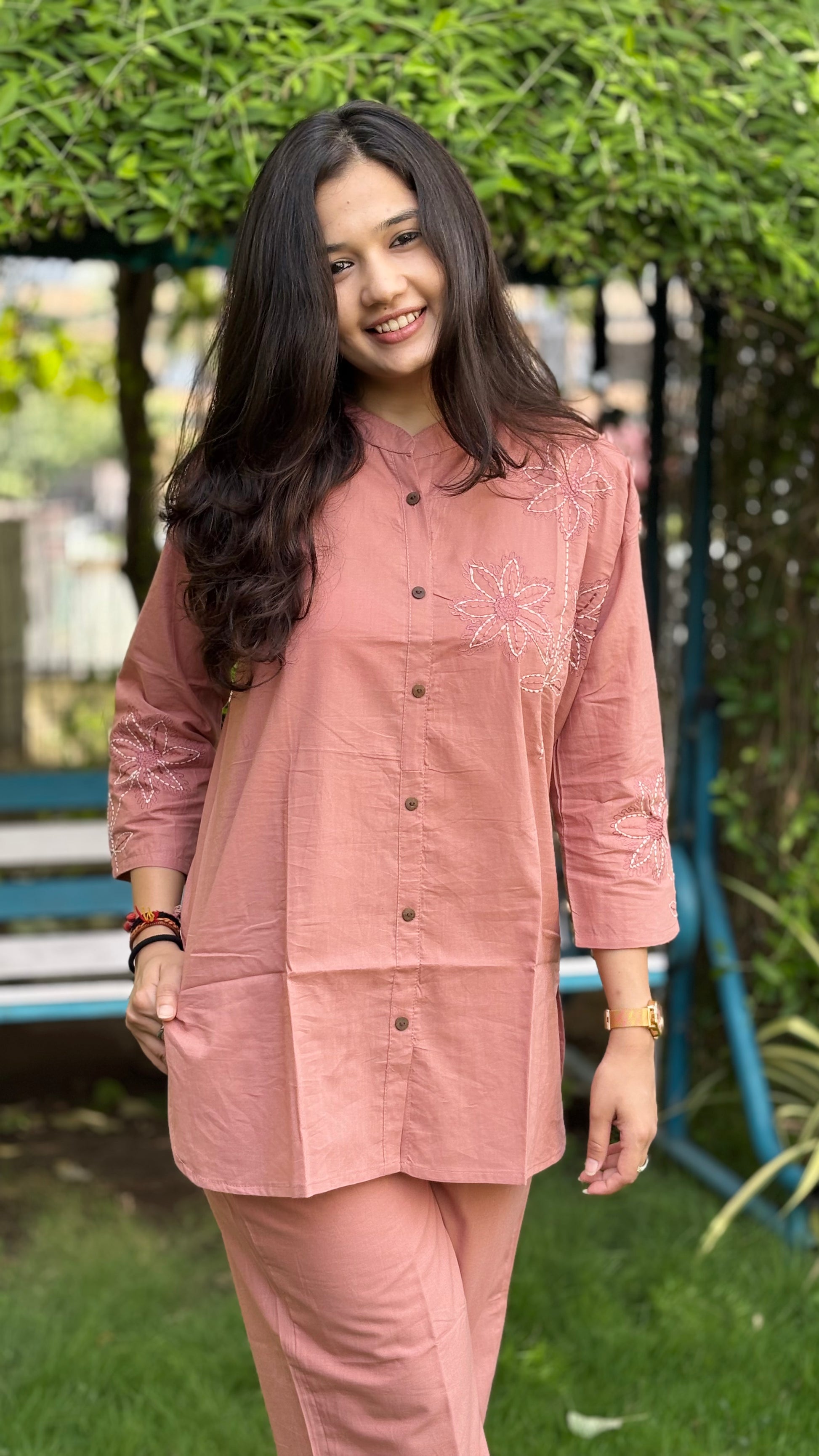 PEACH FLOWER EMBRODERIED PURE COTTON COORD SETS