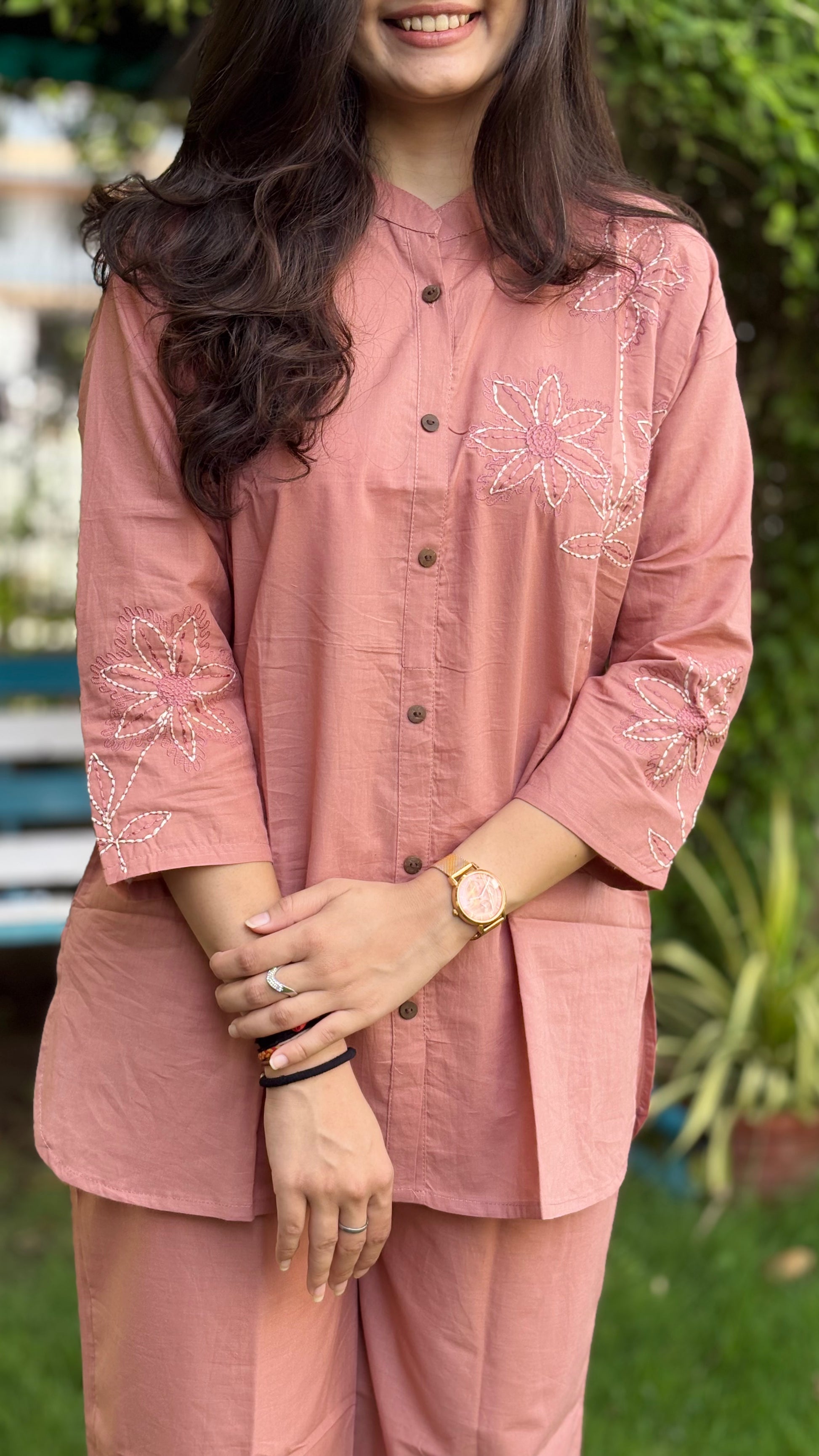PEACH FLOWER EMBRODERIED PURE COTTON COORD SETS