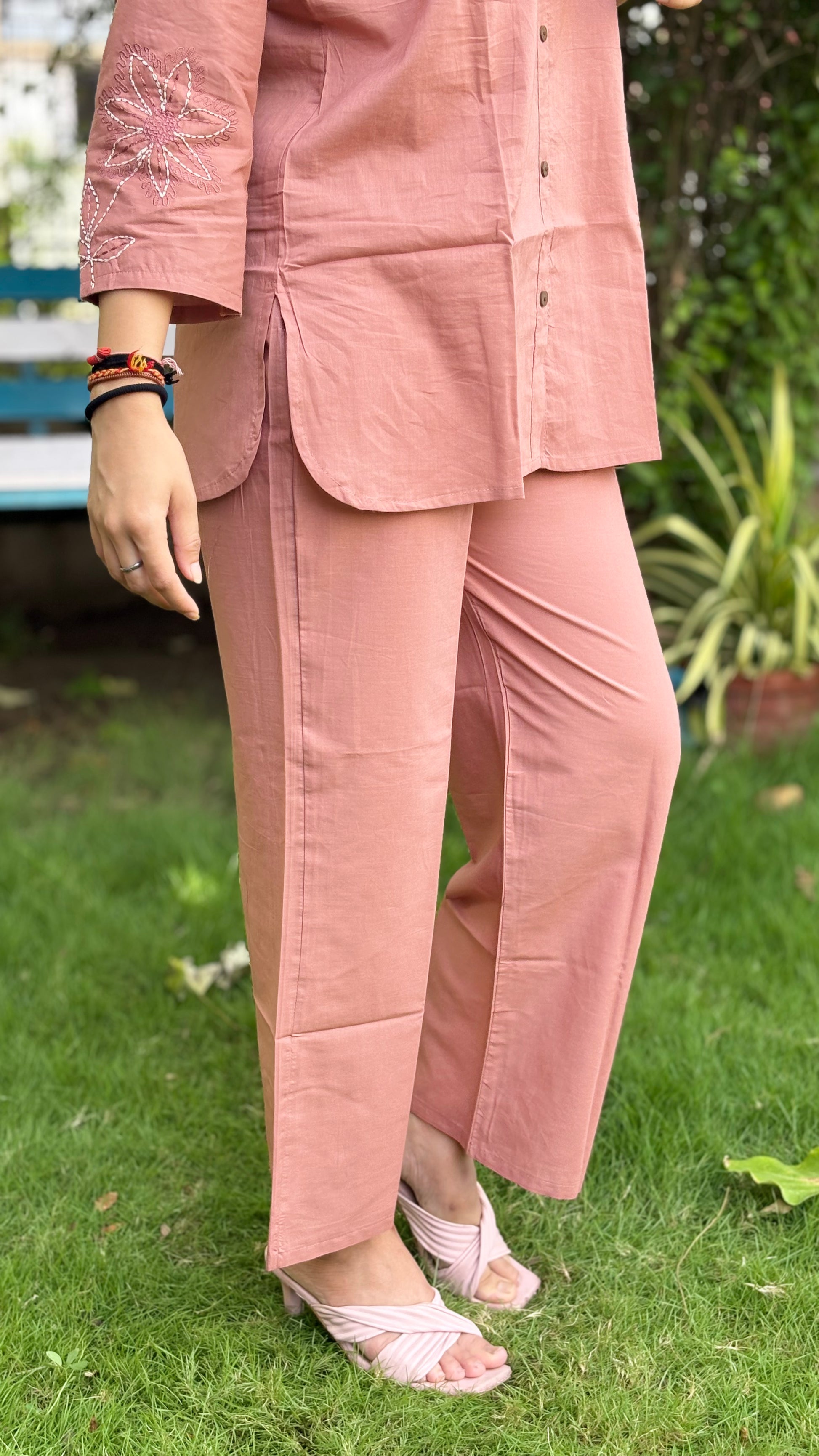 PEACH FLOWER EMBRODERIED PURE COTTON COORD SETS
