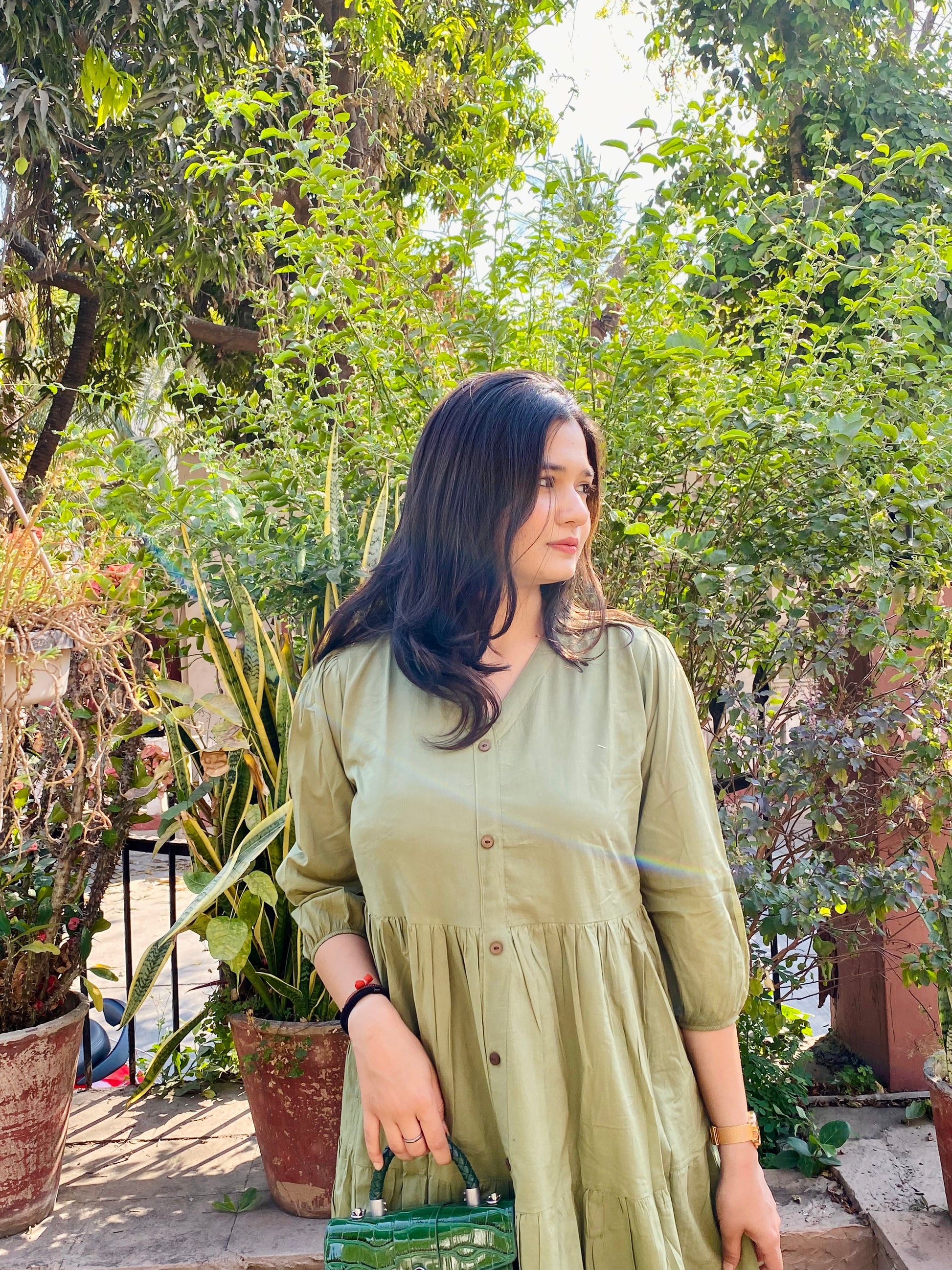 PISTA GREEN SHADES PURE MAL COTTON FLAIRD FROCKSTLE DRESS