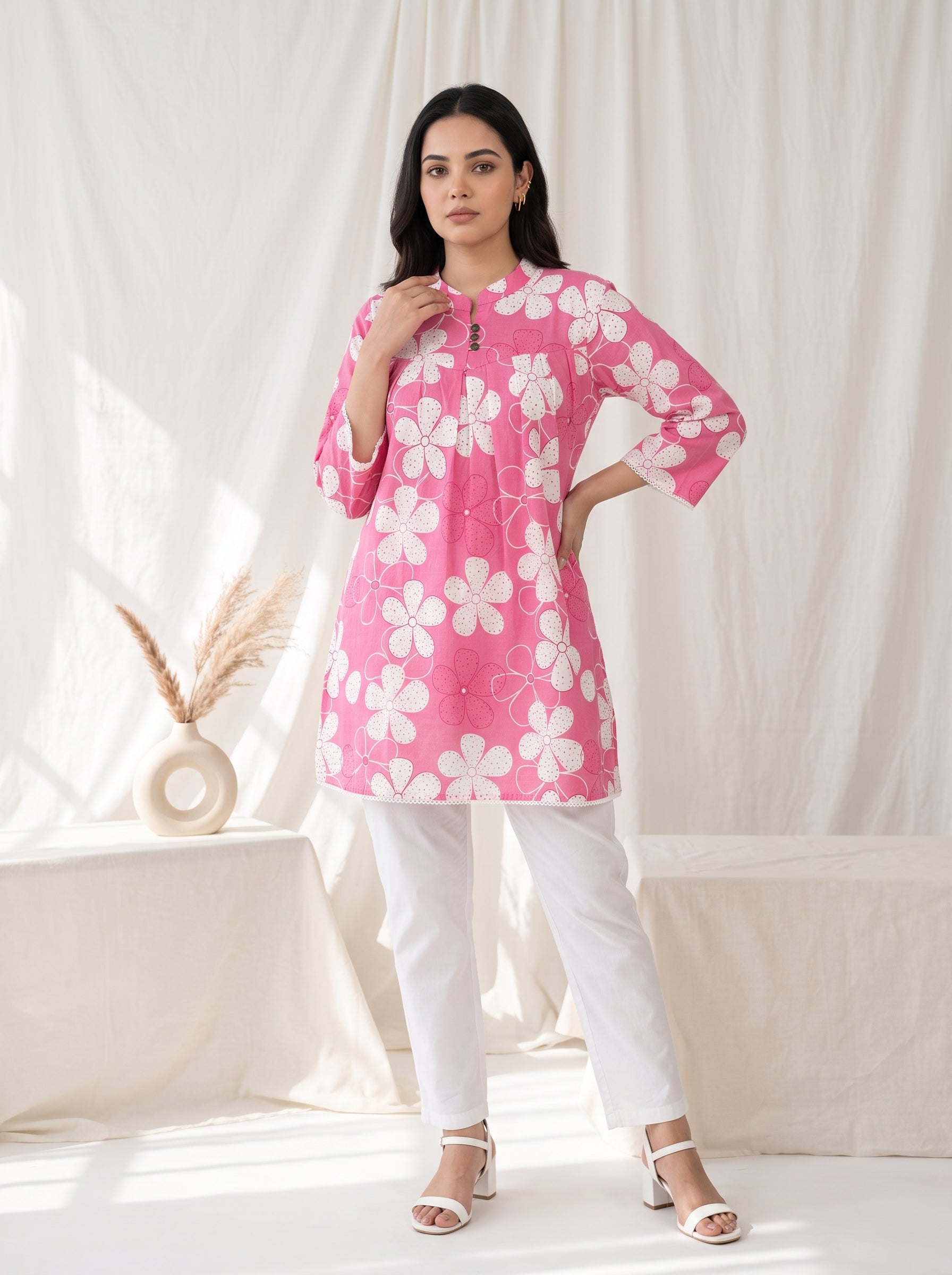 Women's Pink Floral Printed Cotton Tunic