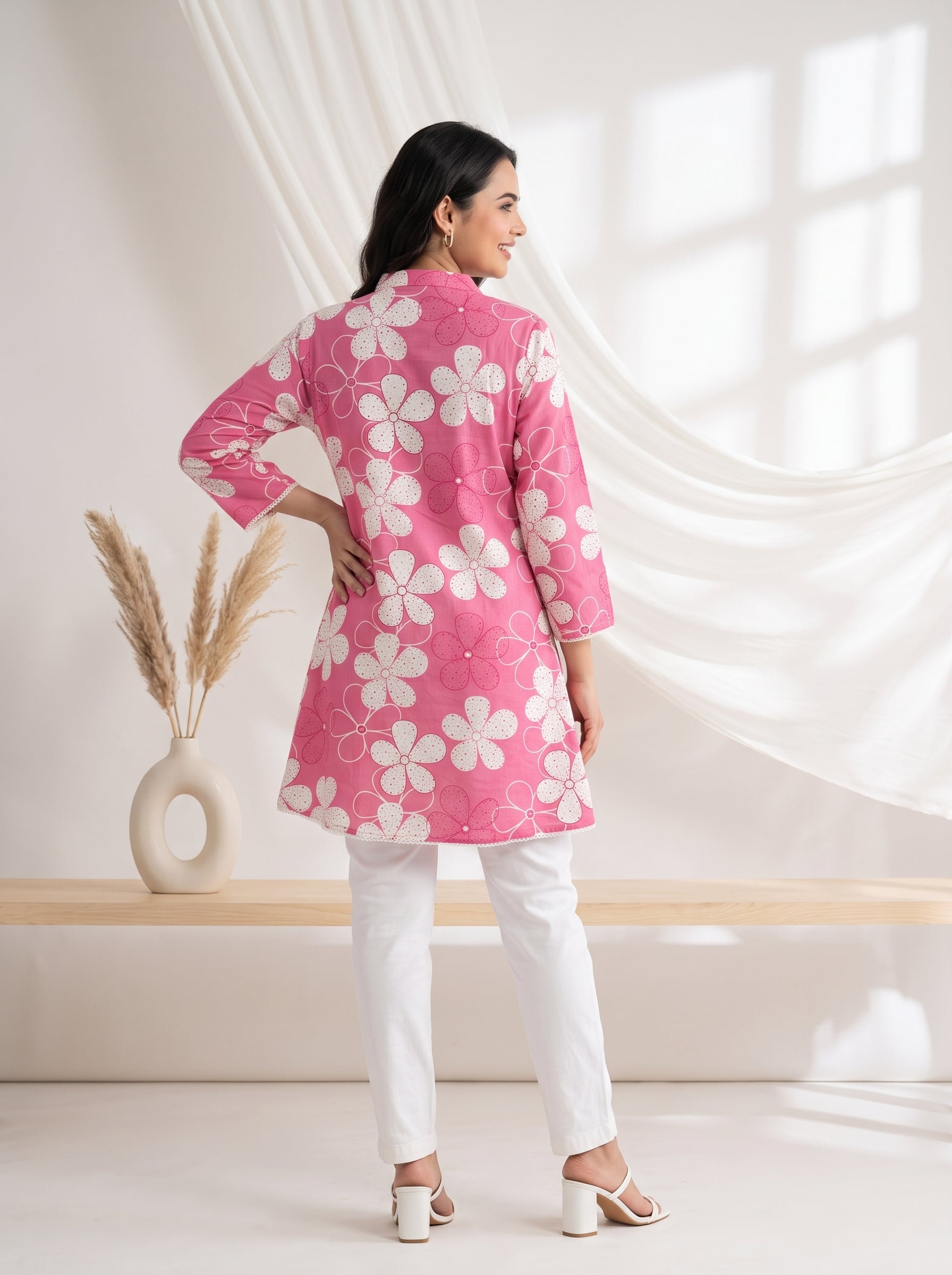 Women's Pink Floral Printed Cotton Tunic