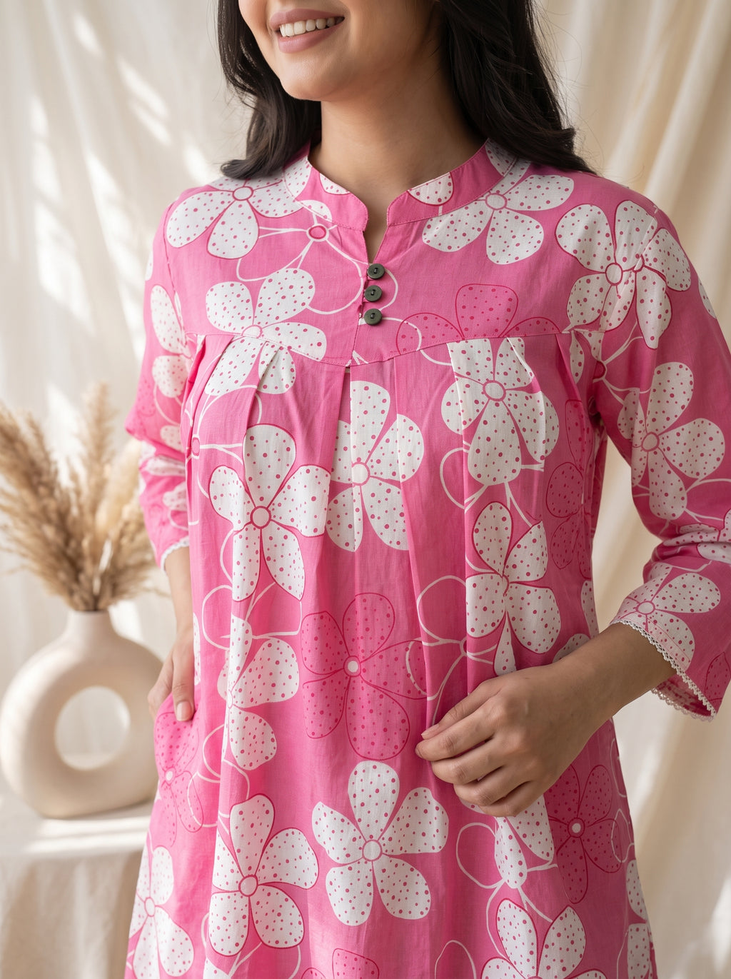 Women's Pink Floral Printed Cotton Tunic