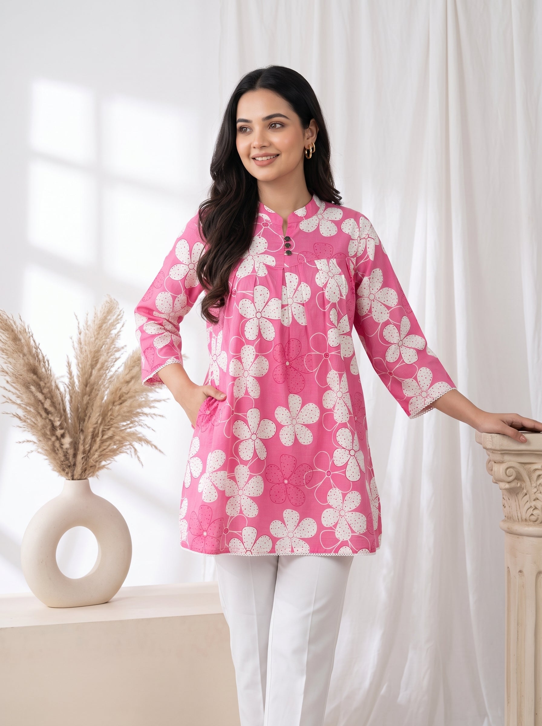 Women's Pink Floral Printed Cotton Tunic
