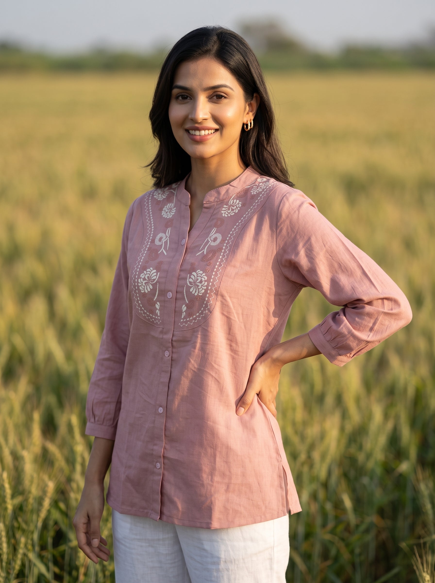 Women's Dusty Pink Embroidered Cotton Top