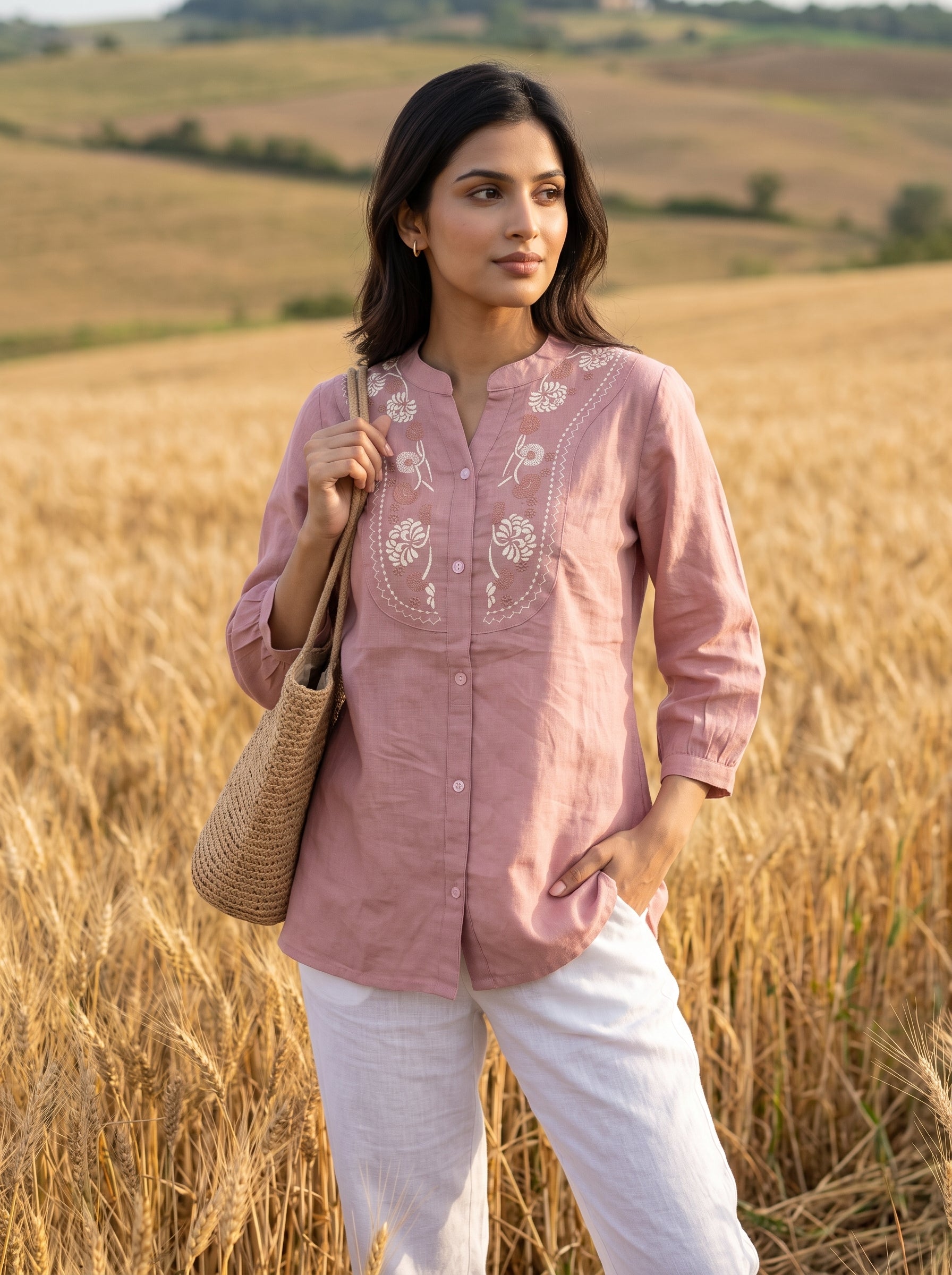 Women's Dusty Pink Embroidered Cotton Top