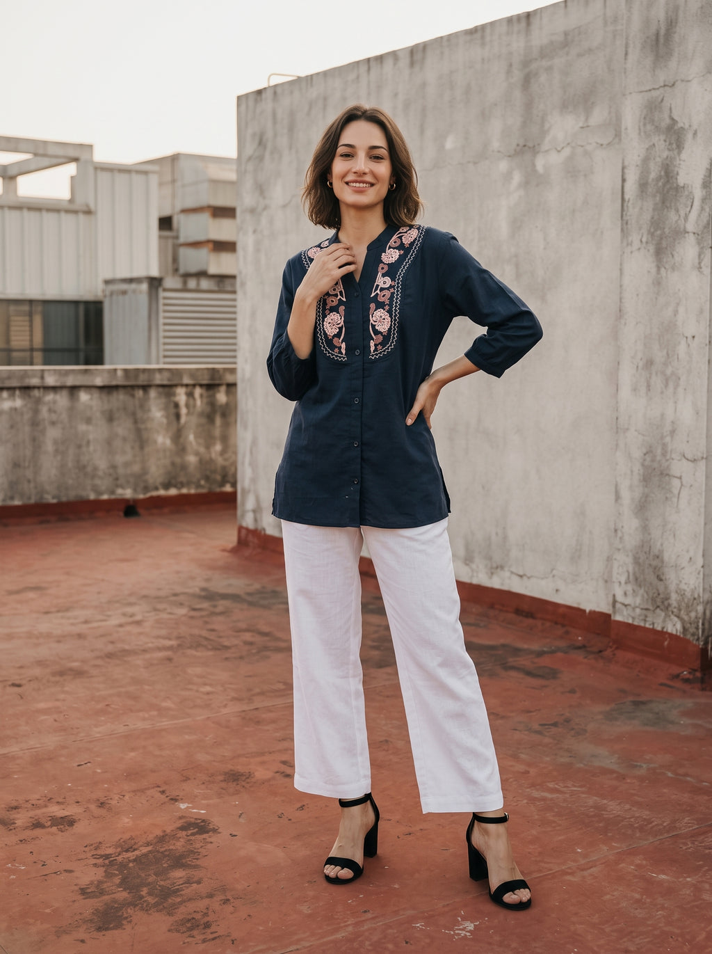 Women's Navy Blue Embroidered Cotton Top
