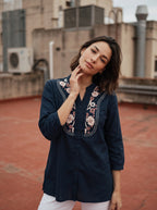 Women's Navy Blue Embroidered Cotton Top