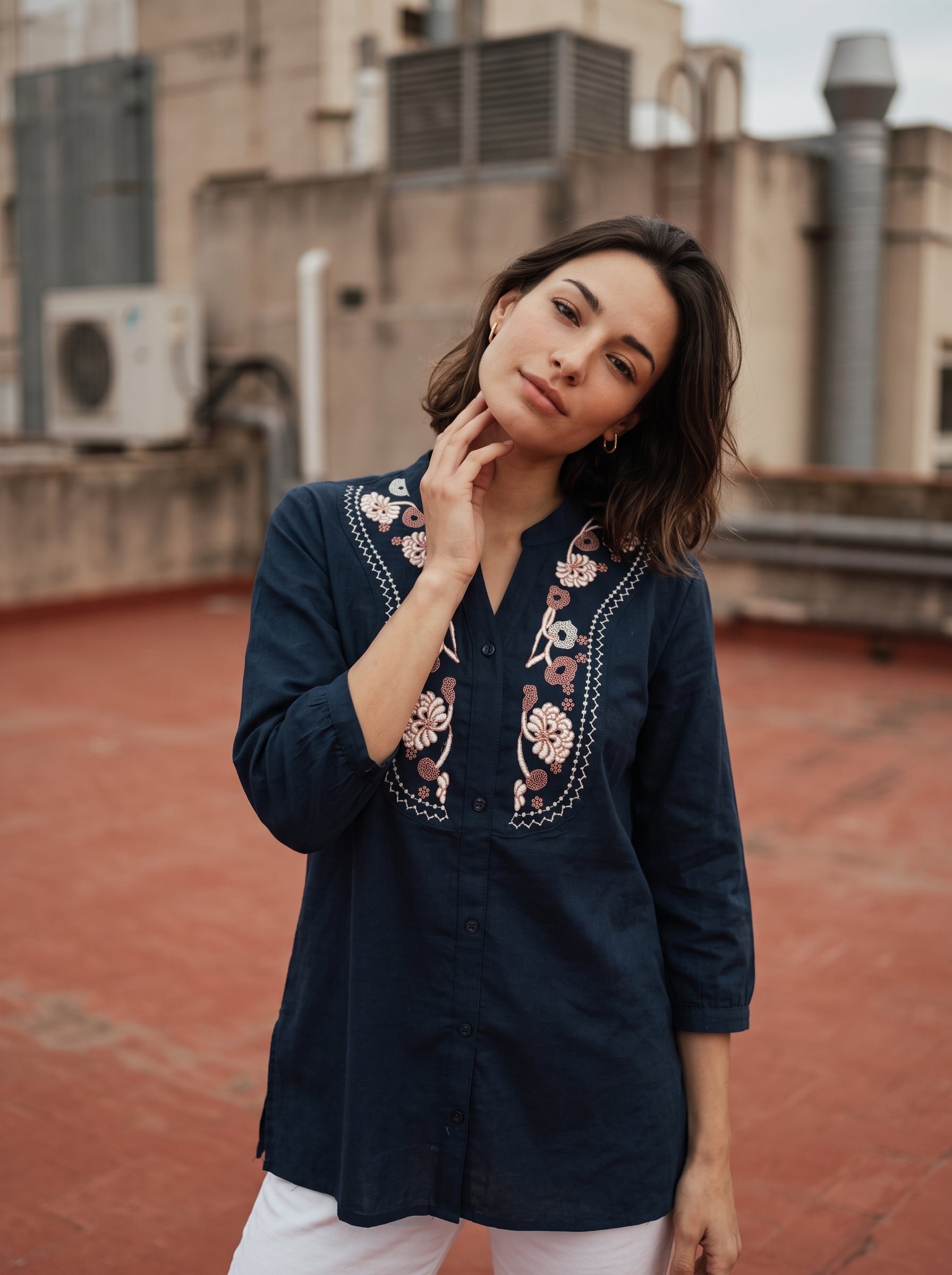 Women's Navy Blue Embroidered Cotton Top