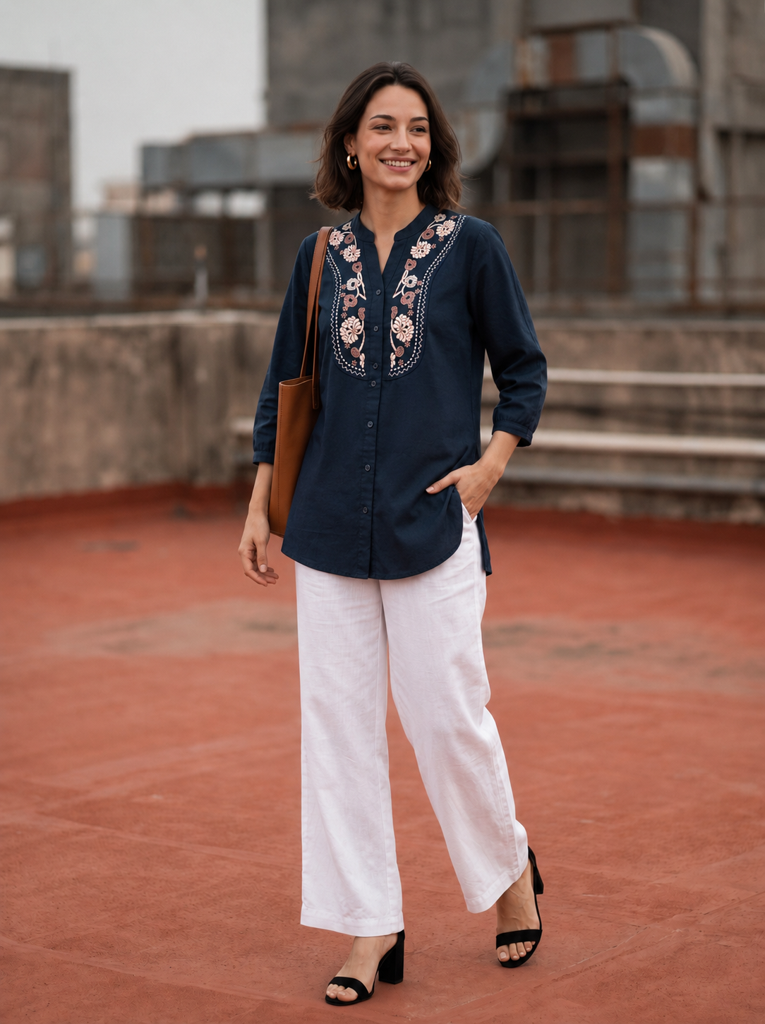 Women's Navy Blue Embroidered Cotton Top