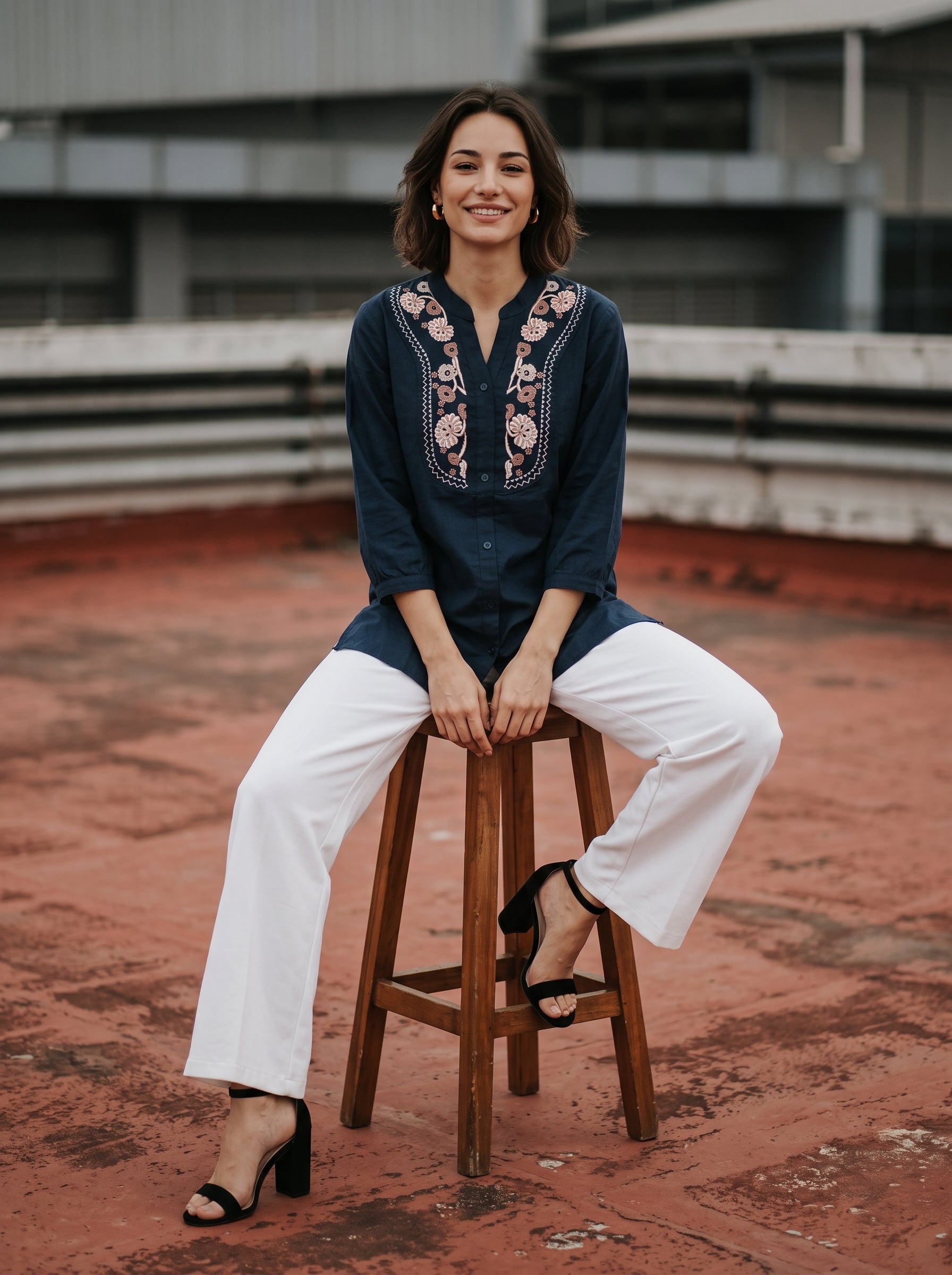 Women's Navy Blue Embroidered Cotton Top