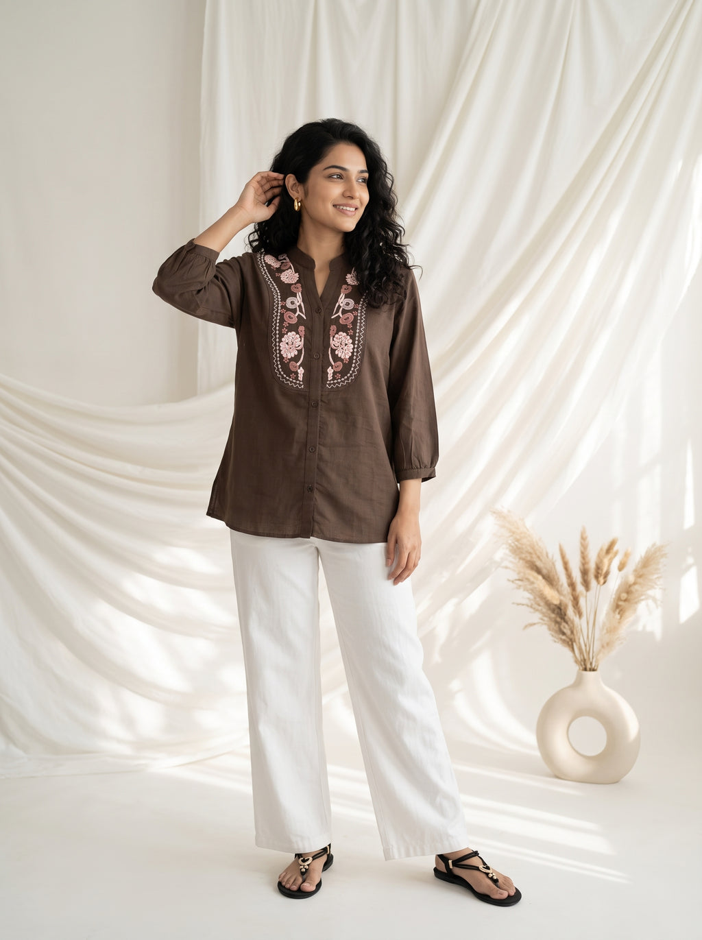 Women's Chocolate Brown Embroidered Cotton Tunic