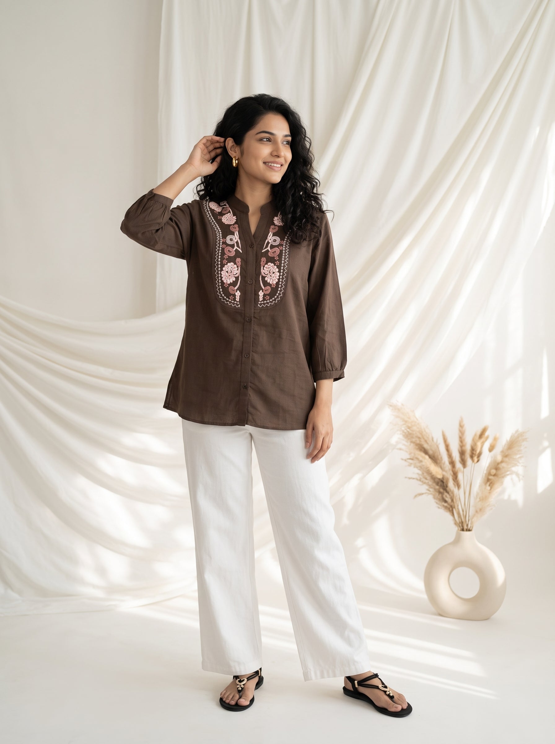 Women's Chocolate Brown Embroidered Cotton Tunic