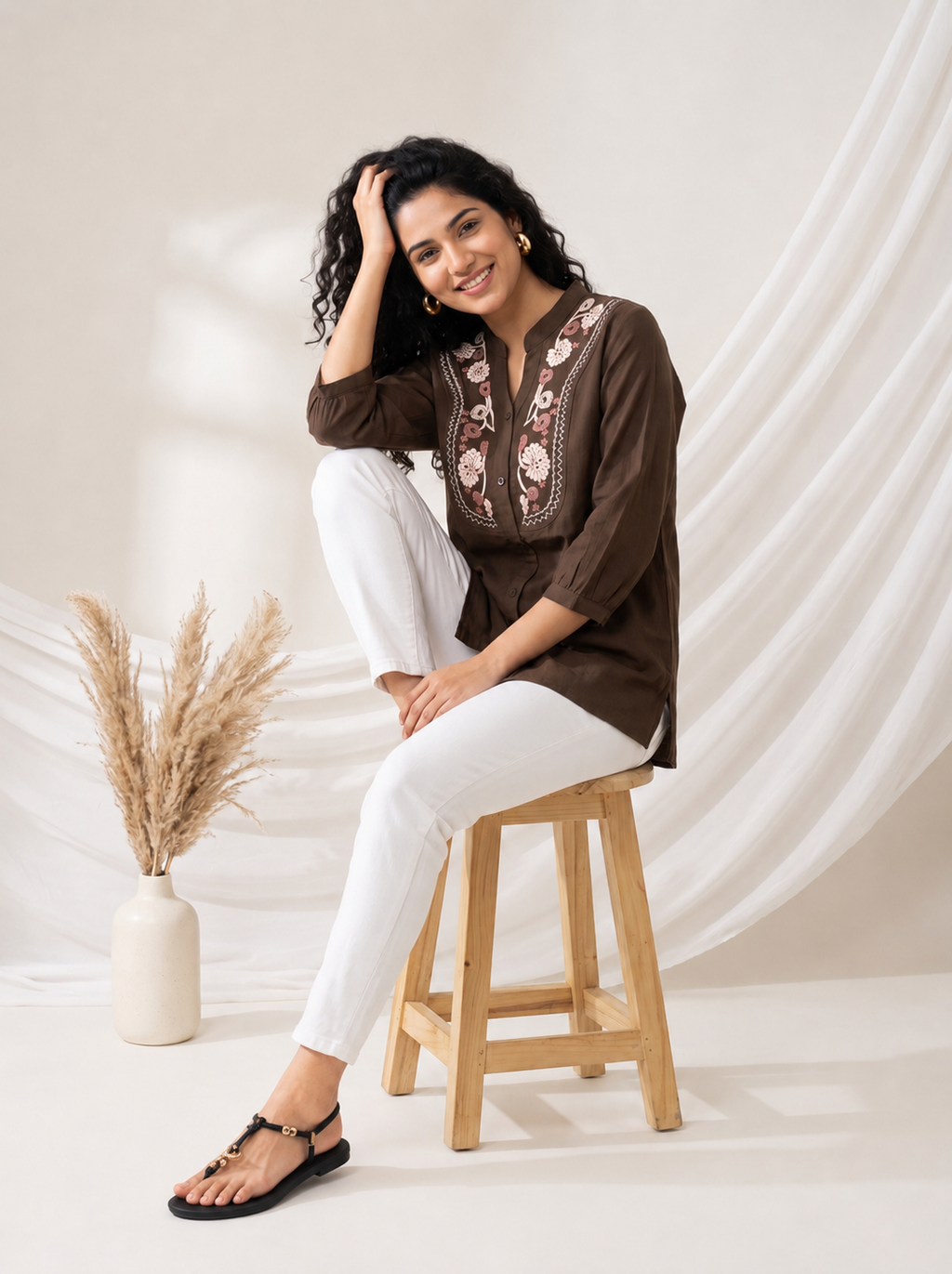 Women's Chocolate Brown Embroidered Cotton Tunic