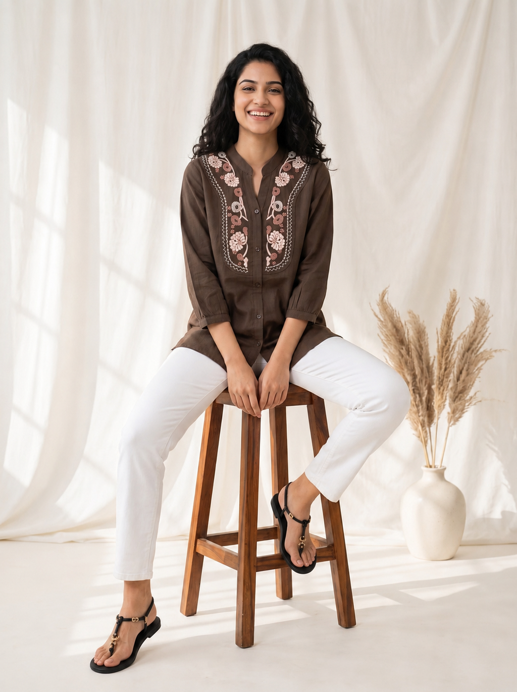 Women's Chocolate Brown Embroidered Cotton Tunic