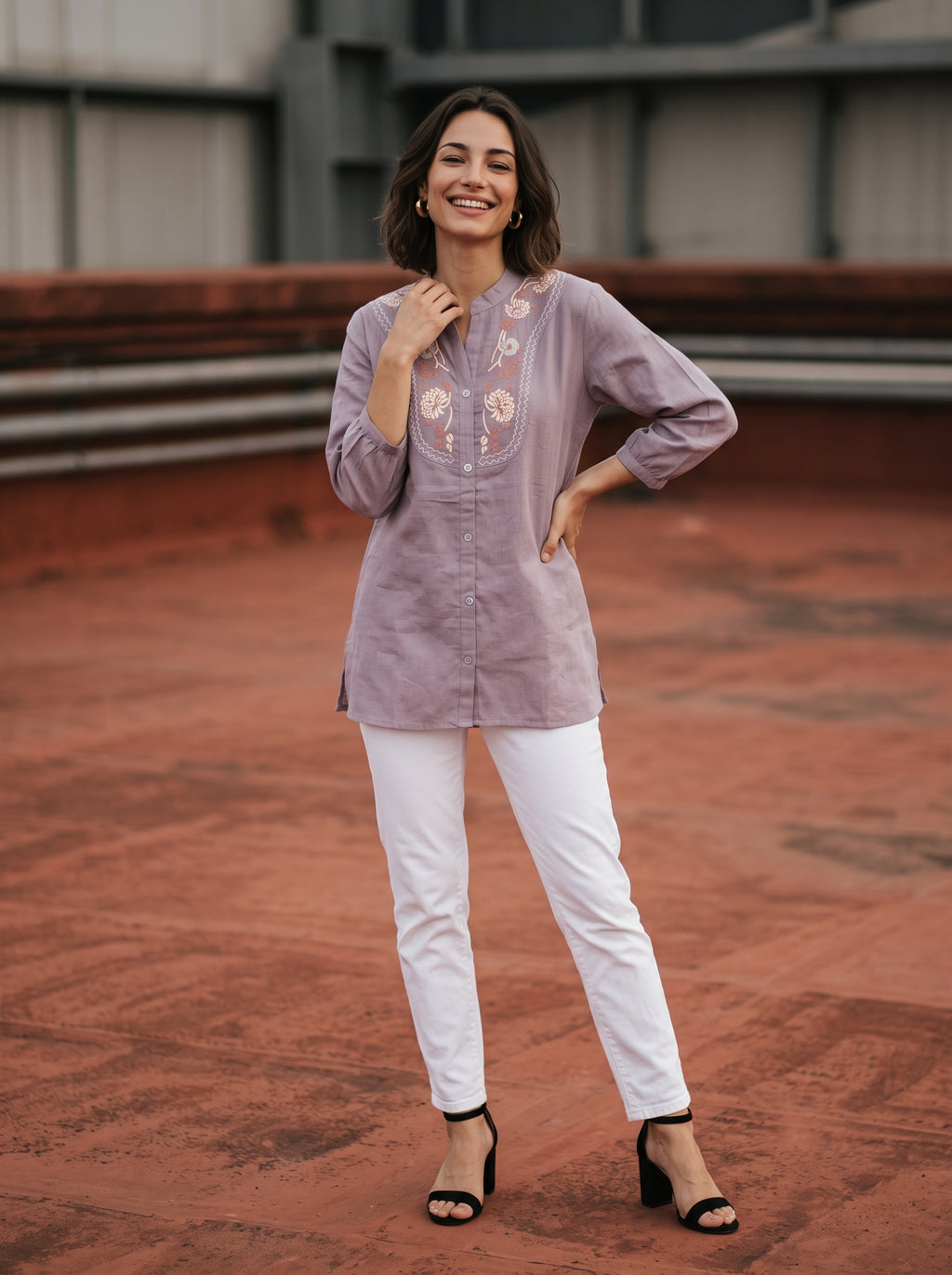 Women's Mauve Embroidered Cotton Tunic