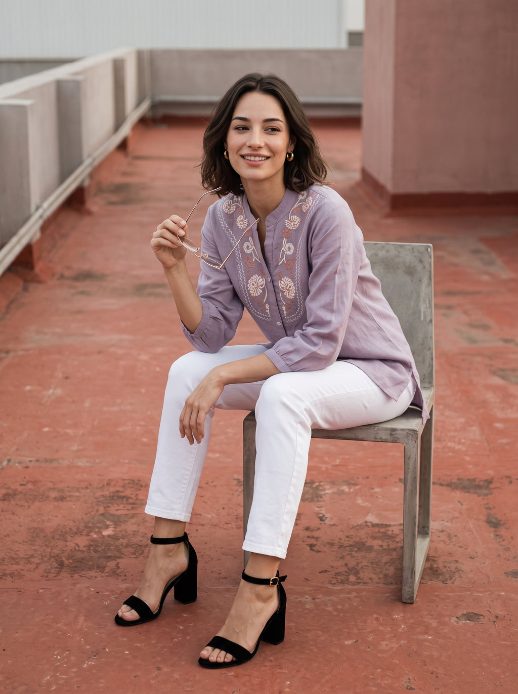 Women's Mauve Embroidered Cotton Tunic
