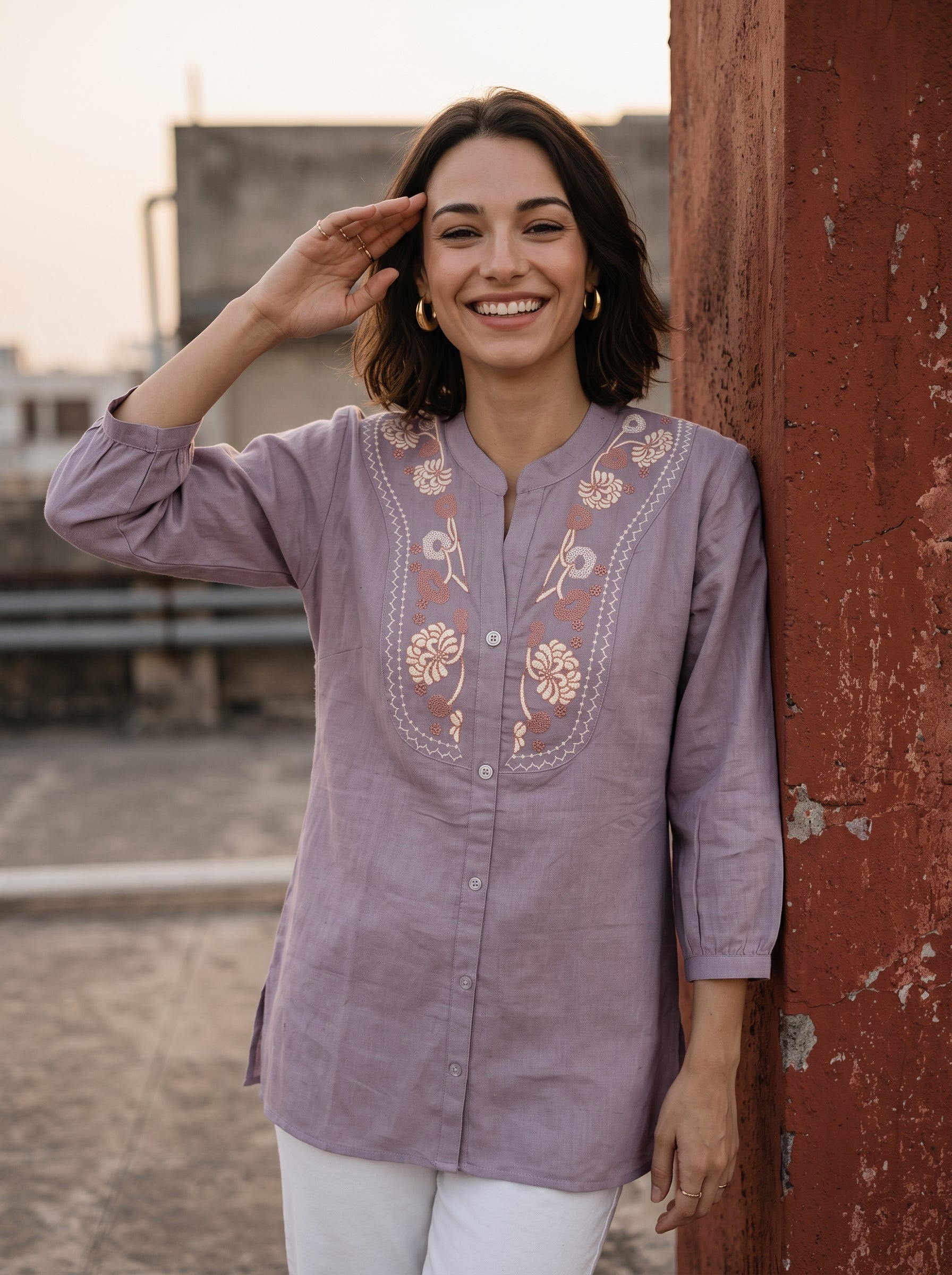 Women's Mauve Embroidered Cotton Tunic