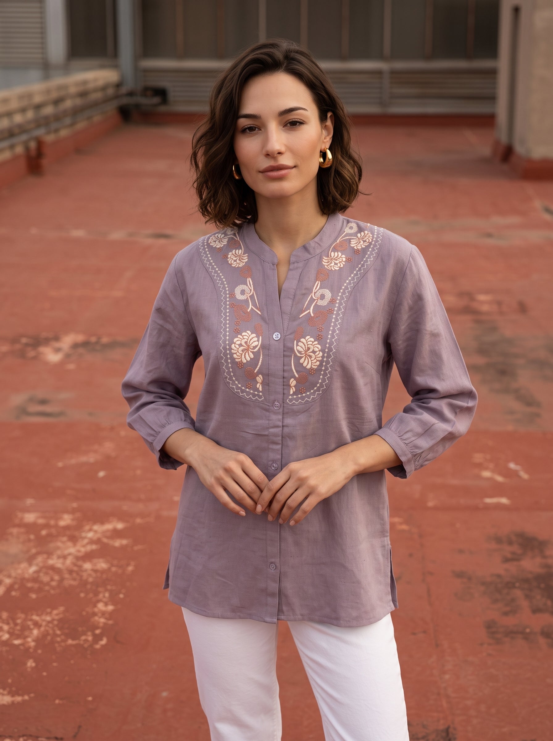 Women's Mauve Embroidered Cotton Tunic