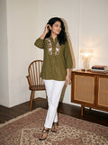 Women's Olive Green Embroidered Cotton Tunic