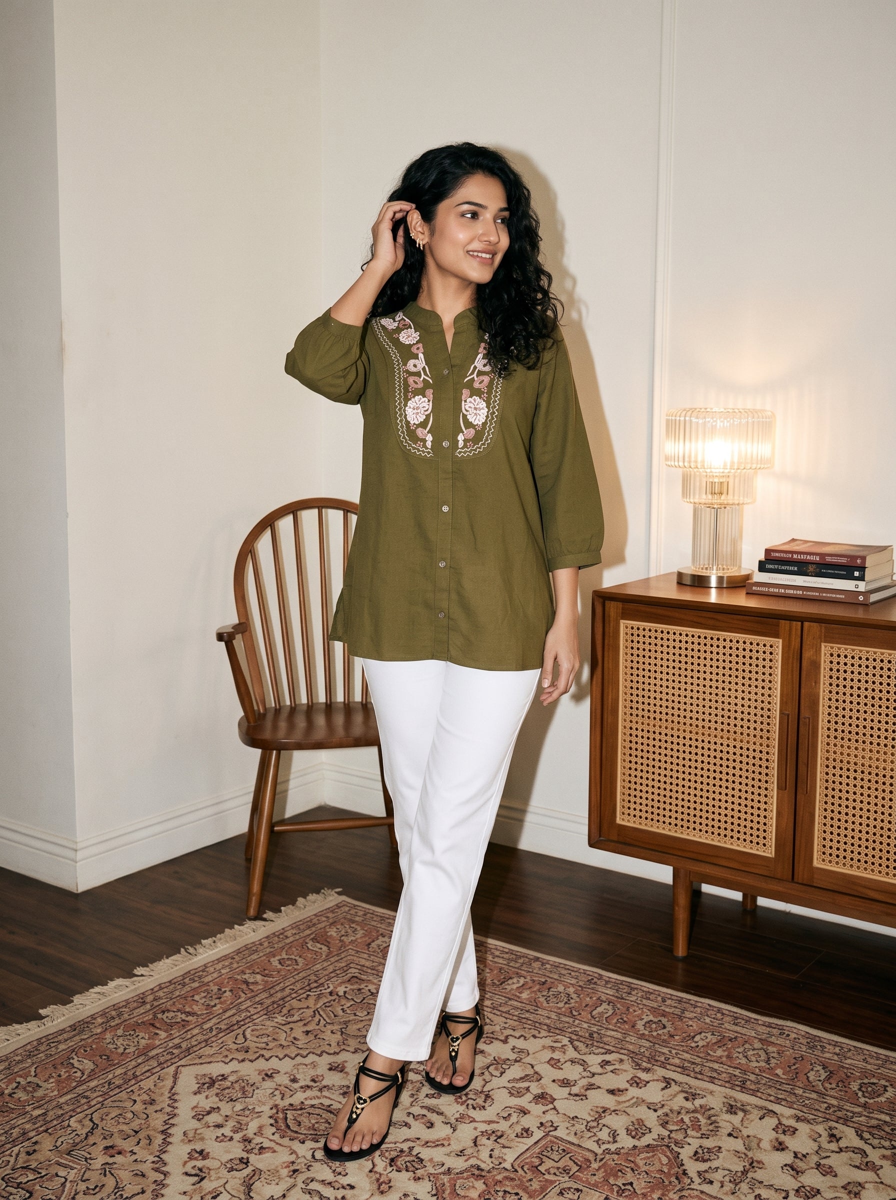 Women's Olive Green Embroidered Cotton Tunic