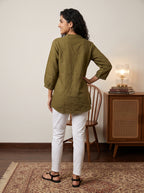 Women's Olive Green Embroidered Cotton Tunic