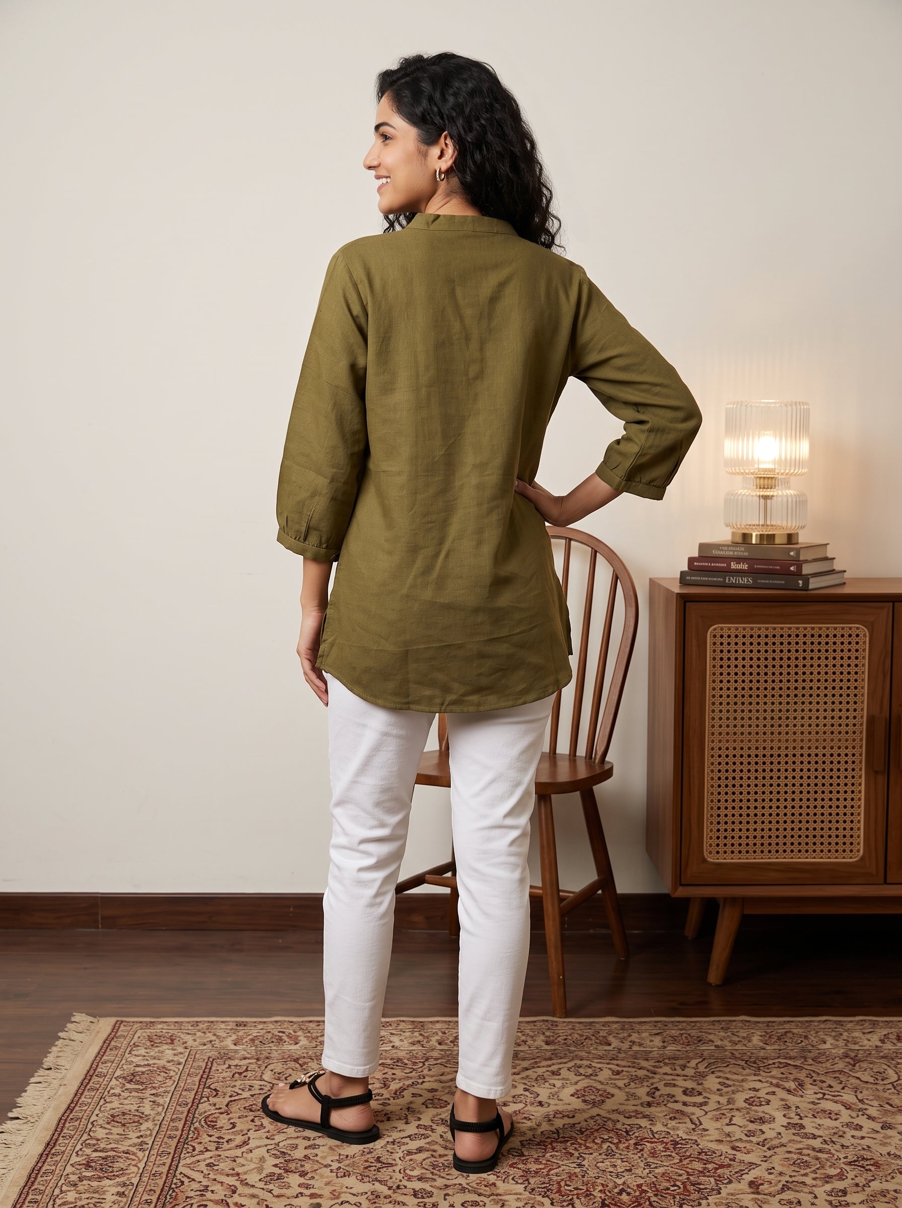 Women's Olive Green Embroidered Cotton Tunic