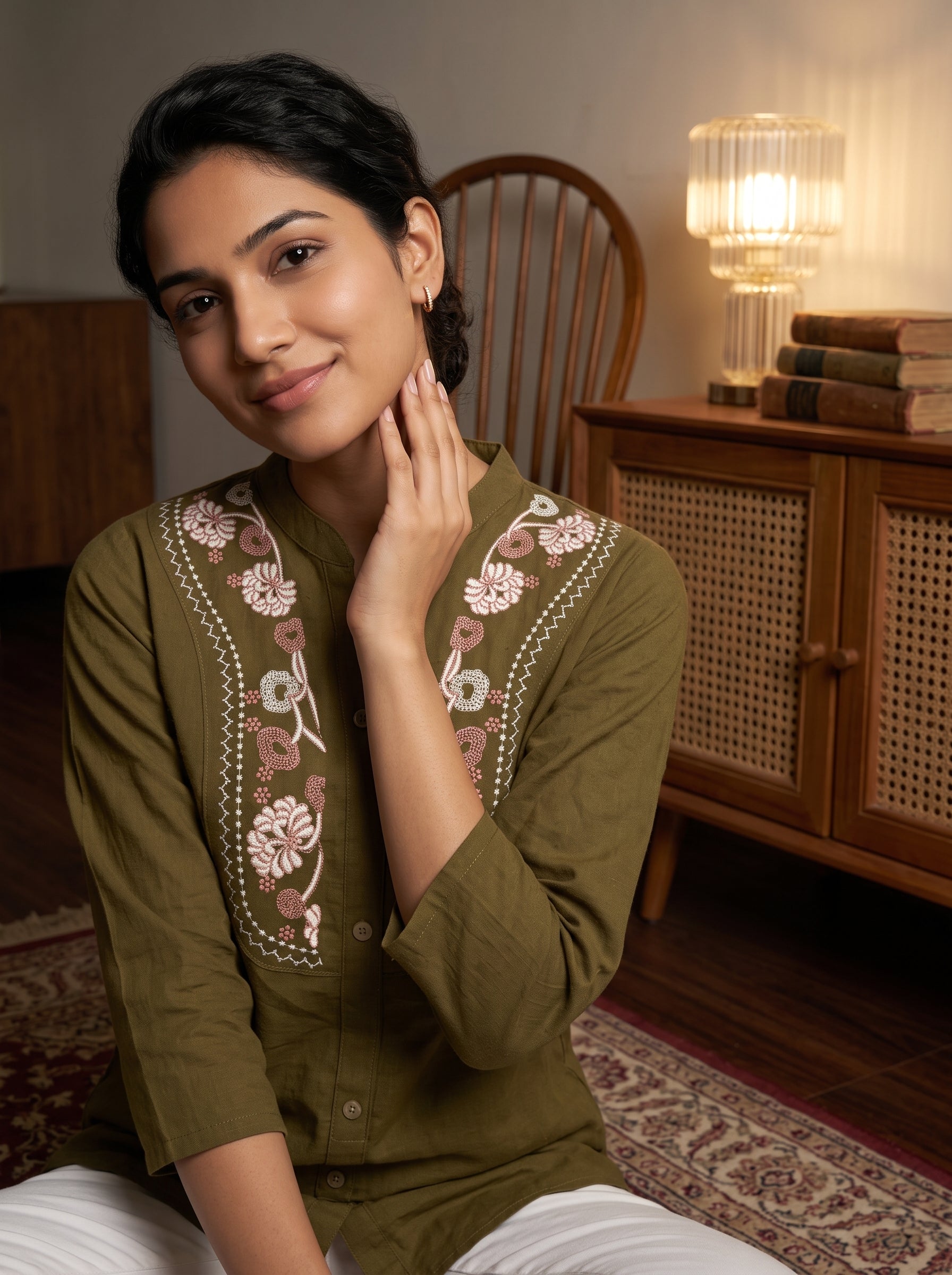 Women's Olive Green Embroidered Cotton Tunic