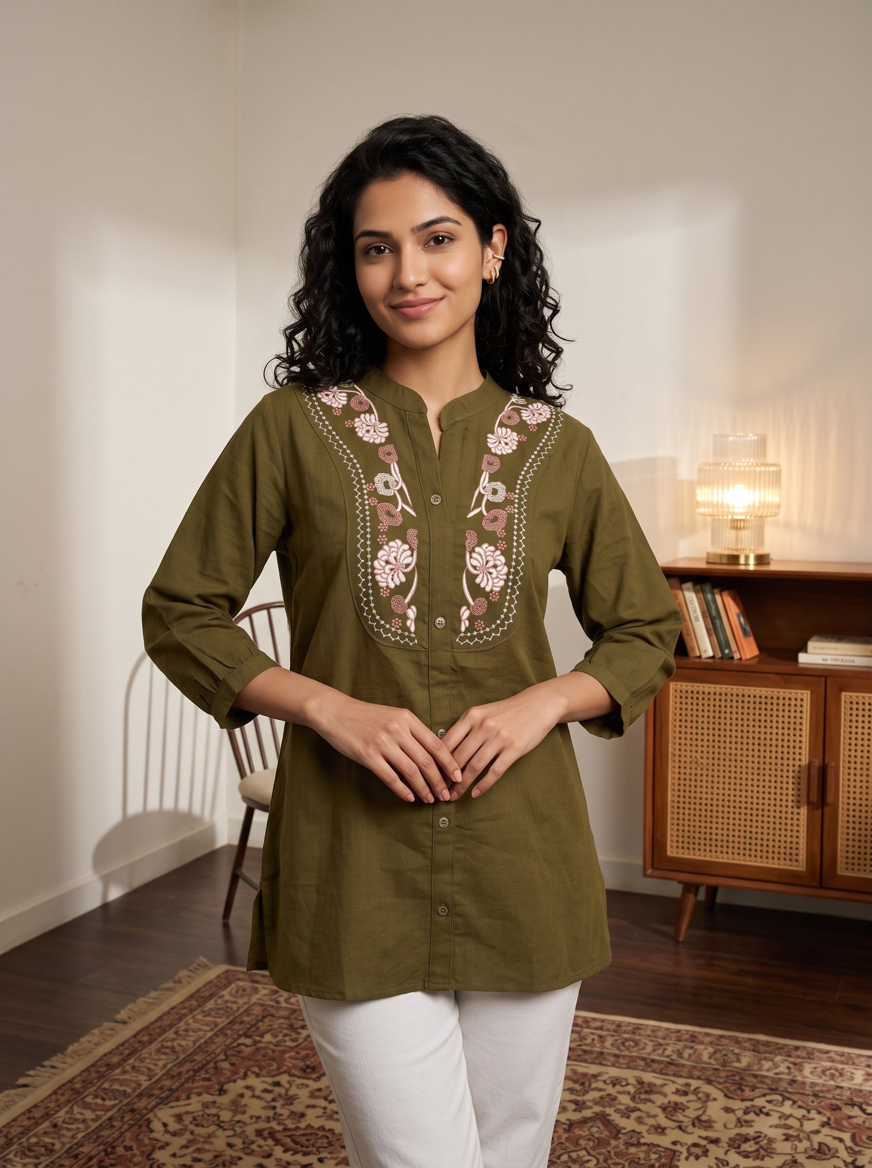 Women's Olive Green Embroidered Cotton Tunic