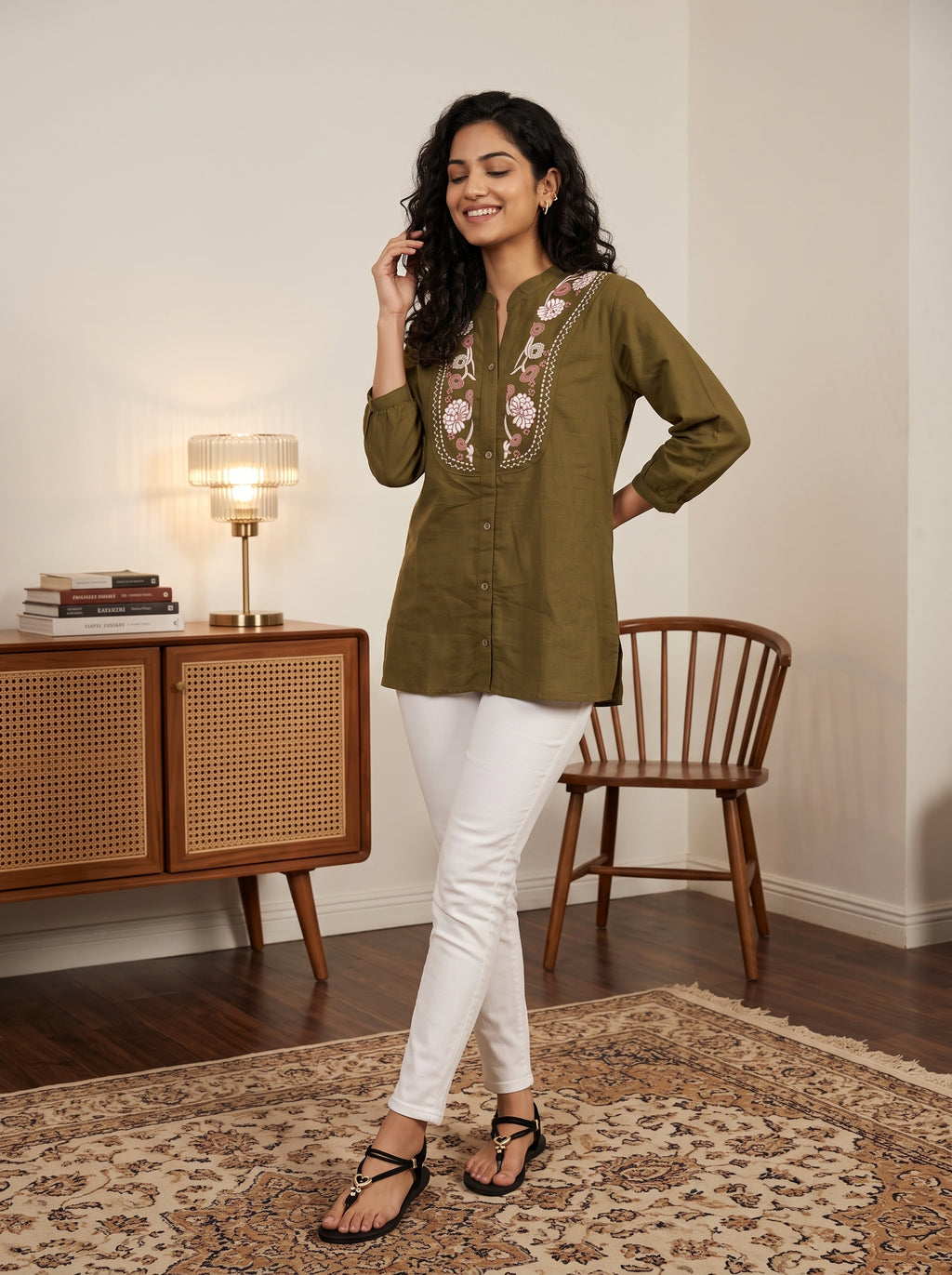Women's Olive Green Embroidered Cotton Tunic