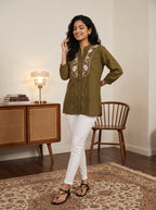 Women's Olive Green Embroidered Cotton Tunic