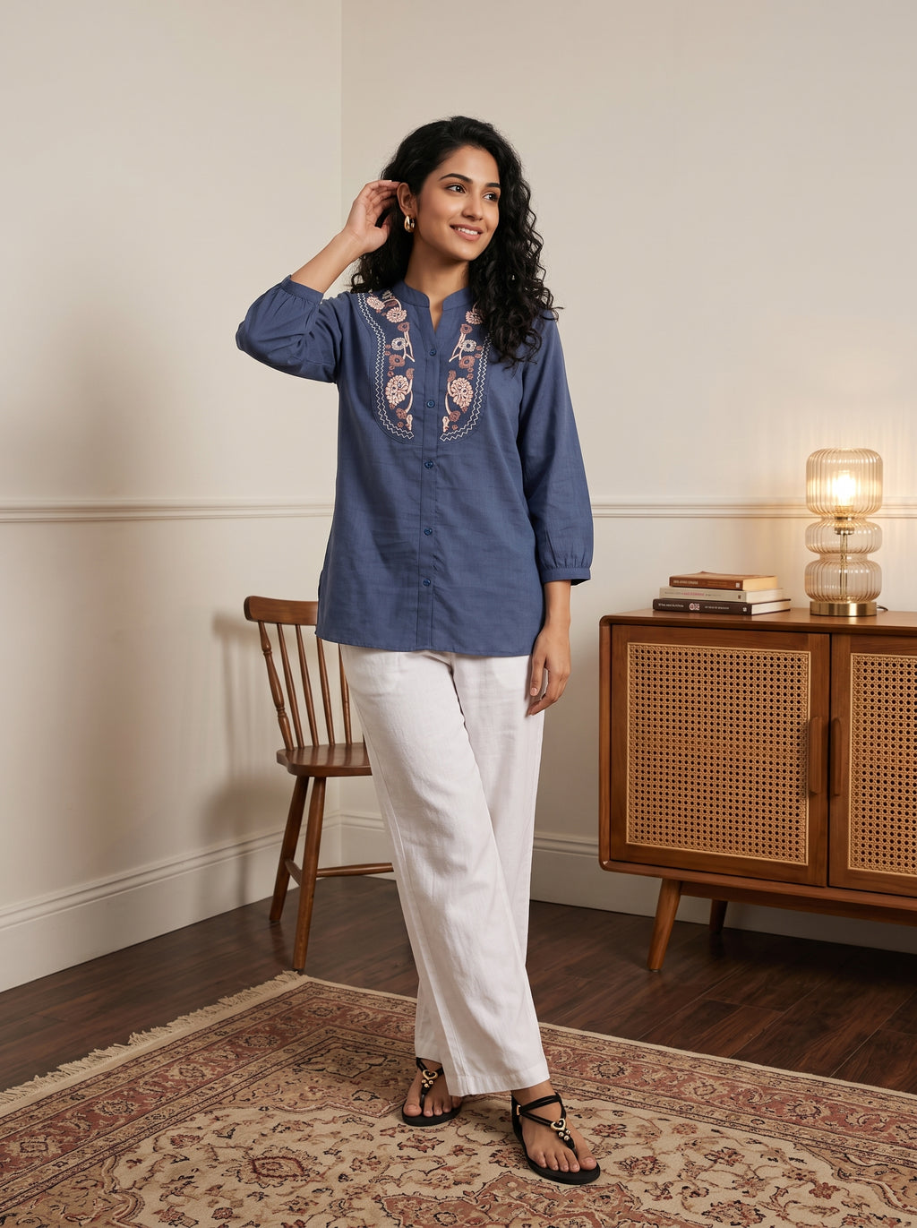 Women's Dusty Blue Embroidered Cotton Tunic