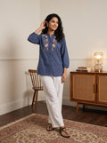 Women's Dusty Blue Embroidered Cotton Tunic