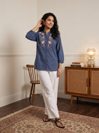 Women's Dusty Blue Embroidered Cotton Tunic