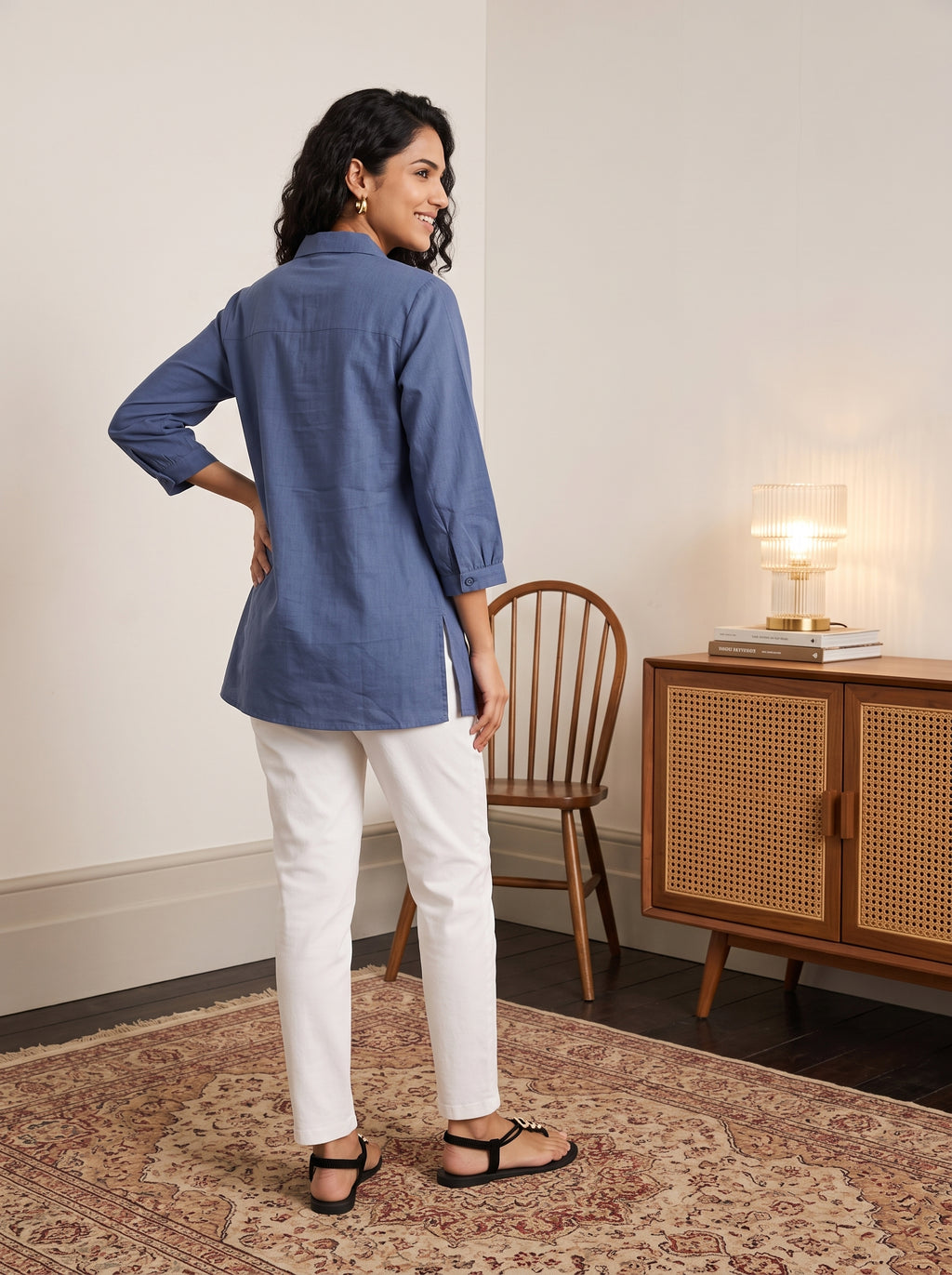 Women's Dusty Blue Embroidered Cotton Tunic