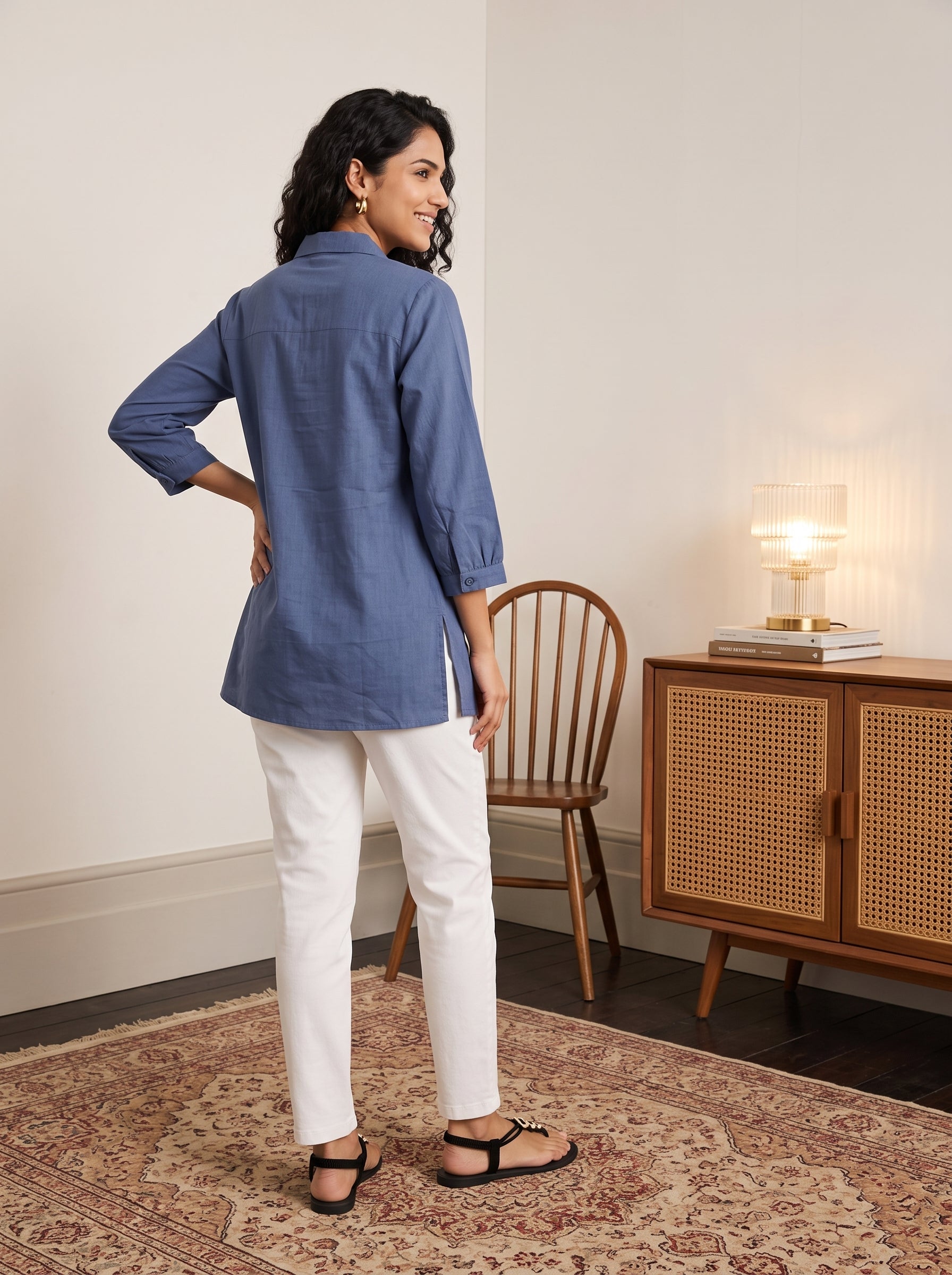 Women's Dusty Blue Embroidered Cotton Tunic