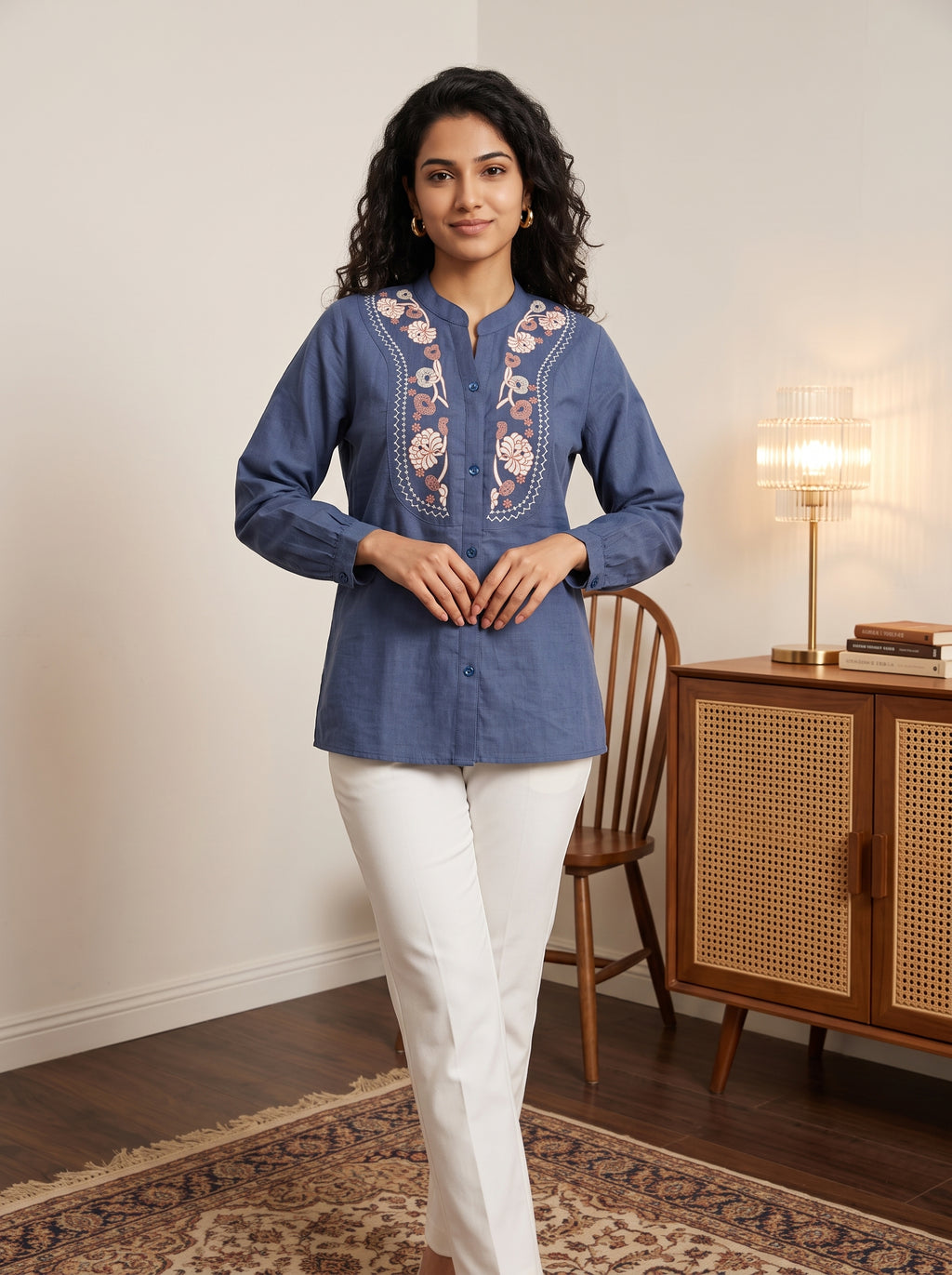 Women's Dusty Blue Embroidered Cotton Tunic