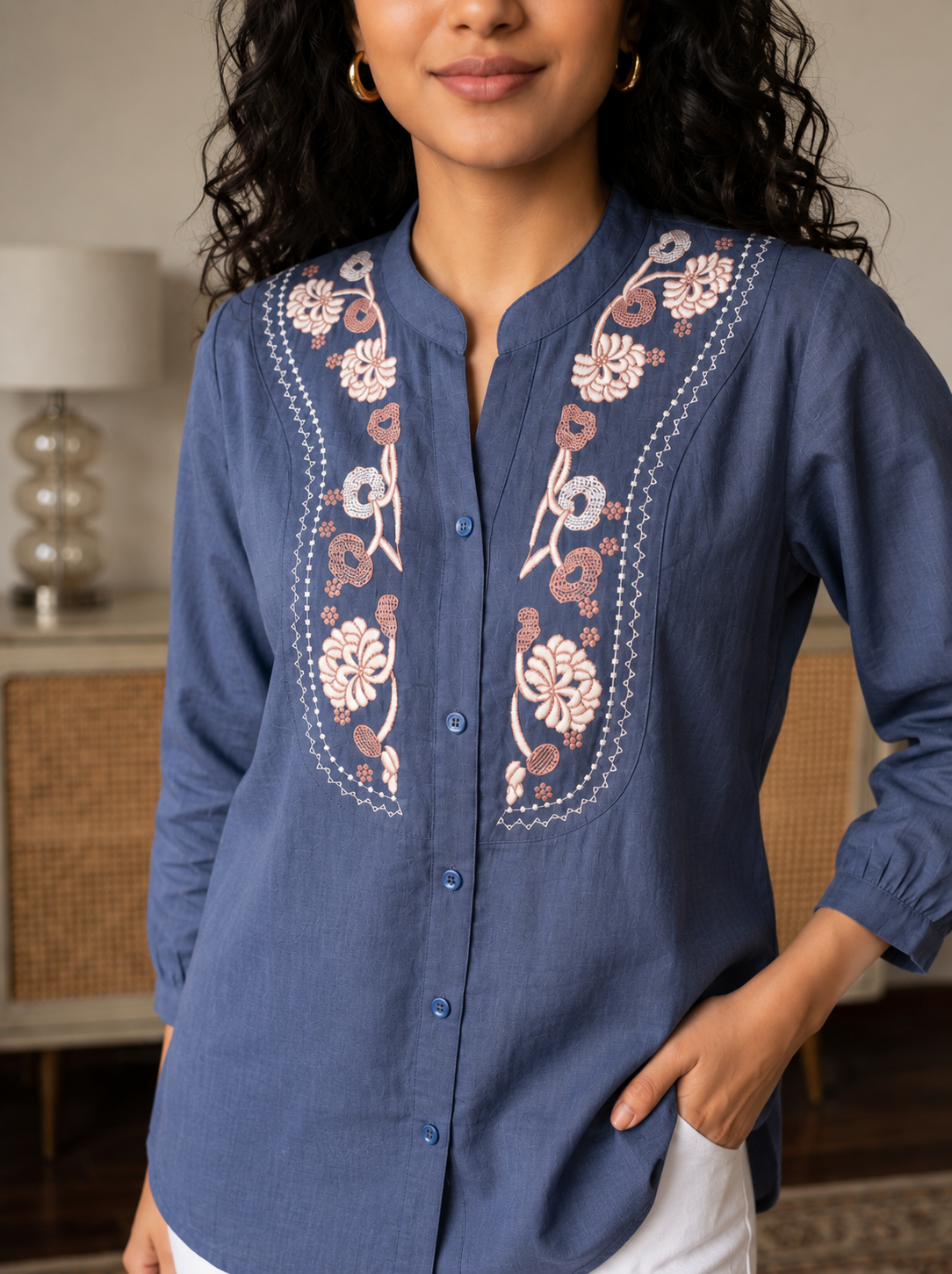 Women's Dusty Blue Embroidered Cotton Tunic