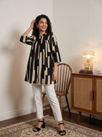 Women's Black & Beige Geometric Printed Cotton Tunic