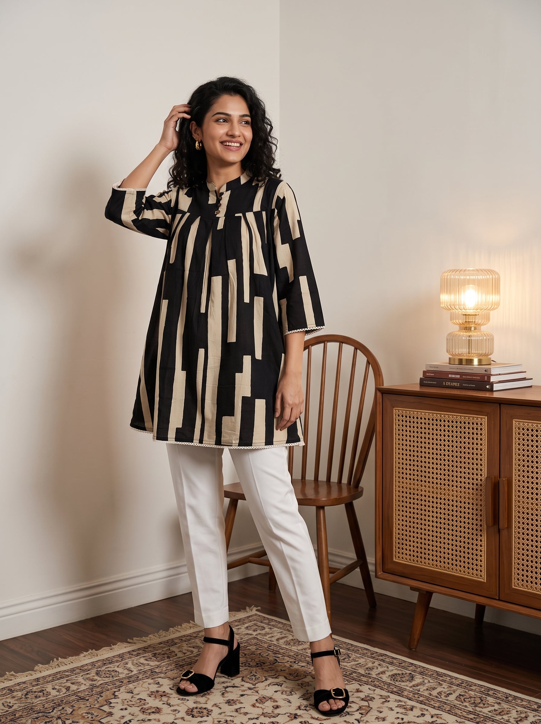 Women's Black & Beige Geometric Printed Cotton Tunic
