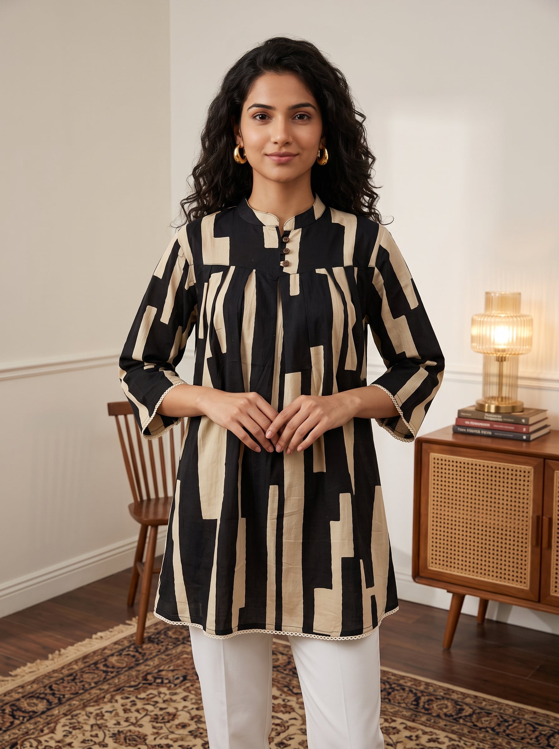 Women's Black & Beige Geometric Printed Cotton Tunic