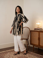Women's Black & Beige Geometric Printed Cotton Tunic