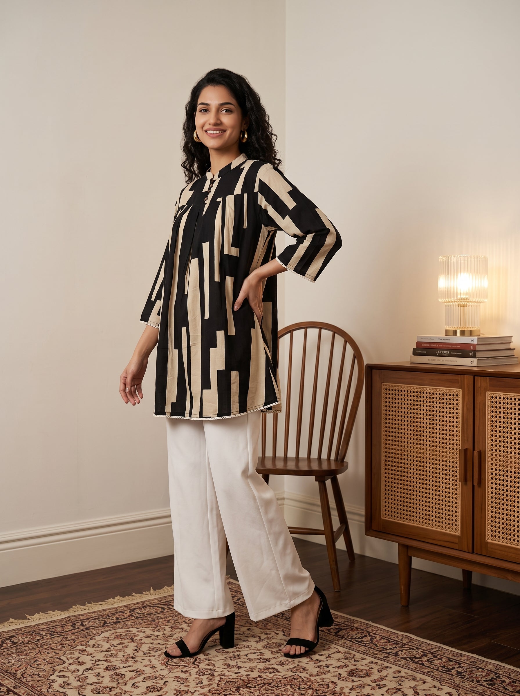Women's Black & Beige Geometric Printed Cotton Tunic