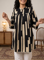 Women's Black & Beige Geometric Printed Cotton Tunic