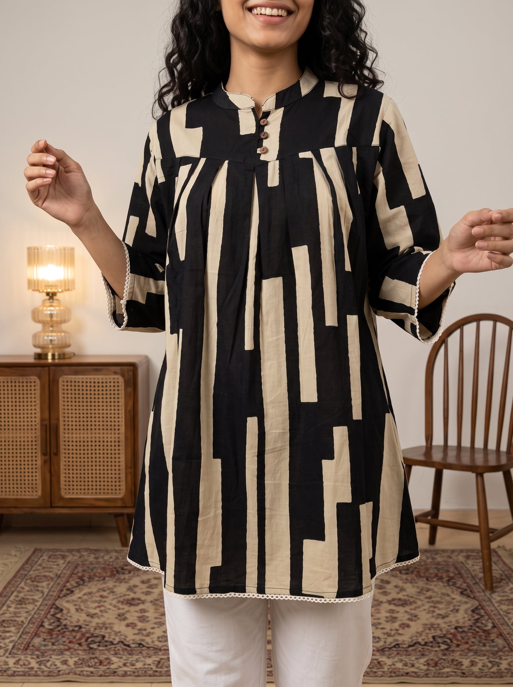 Women's Black & Beige Geometric Printed Cotton Tunic