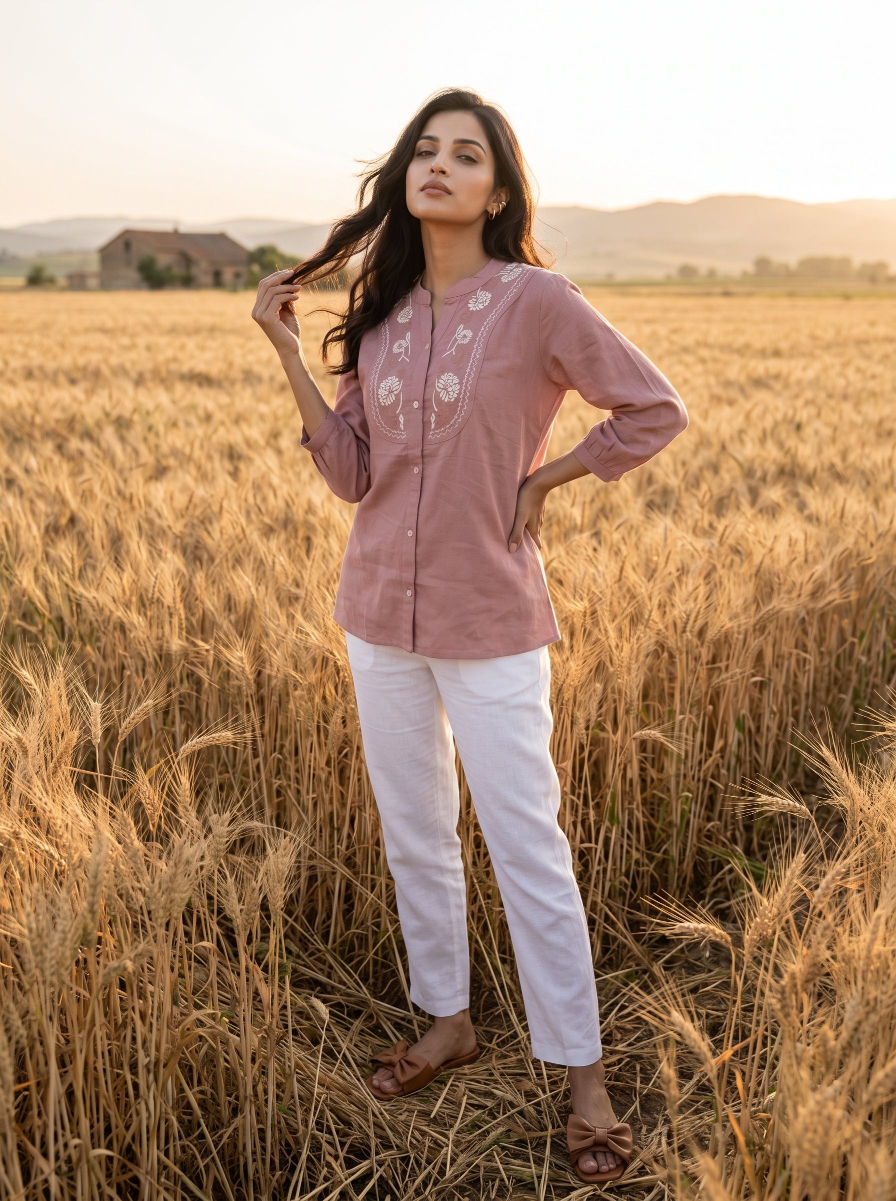 Women's Dusty Pink Embroidered Cotton Top