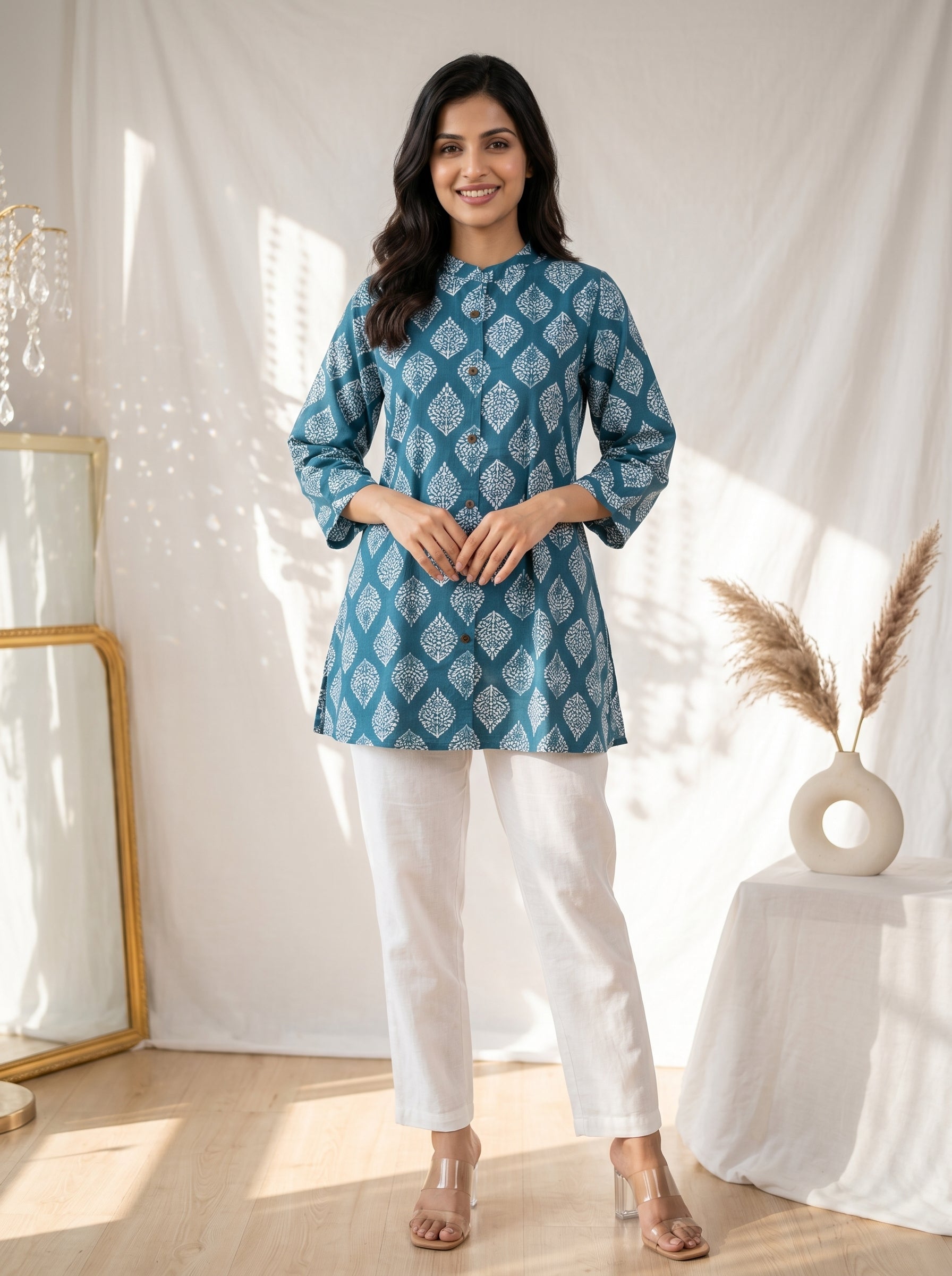 Teal Blue Printed Straight Tunic