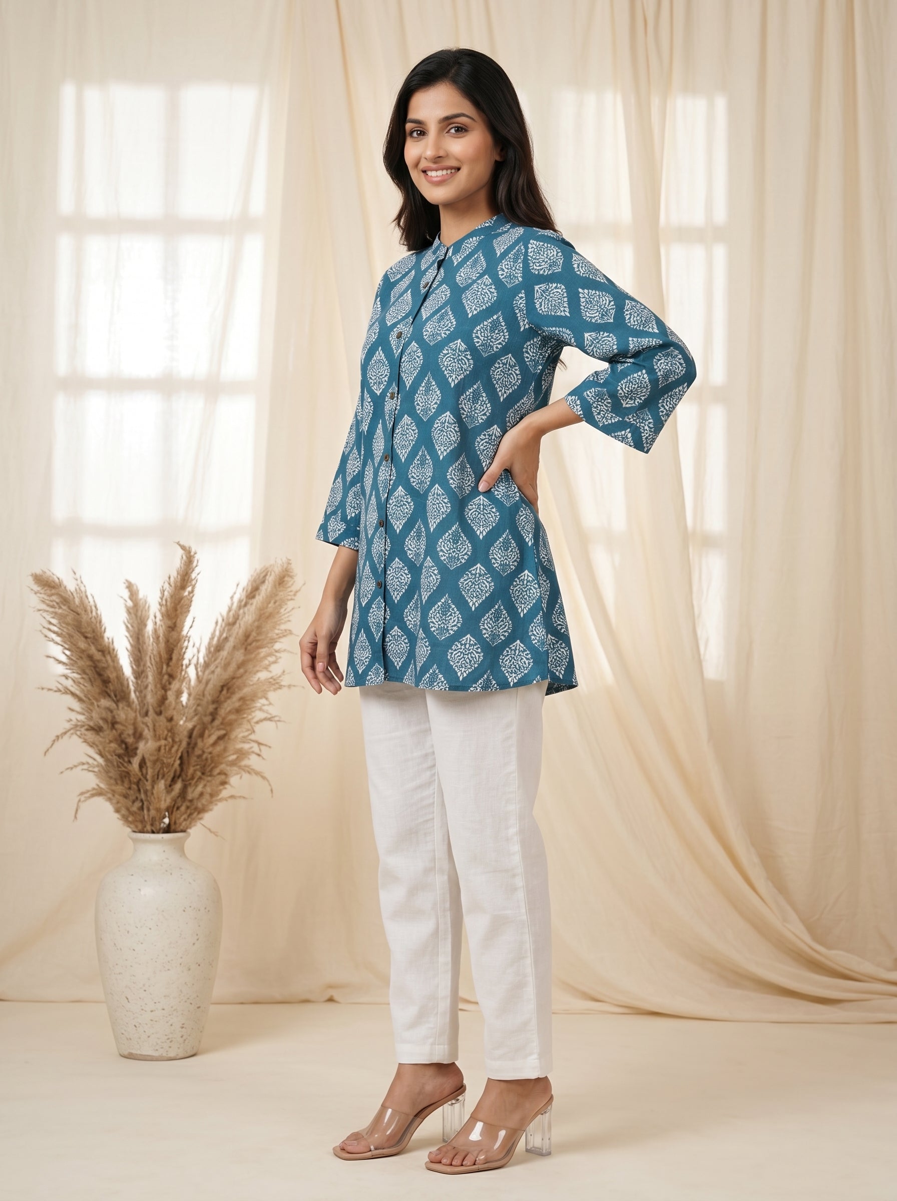 Teal Blue Printed Straight Tunic